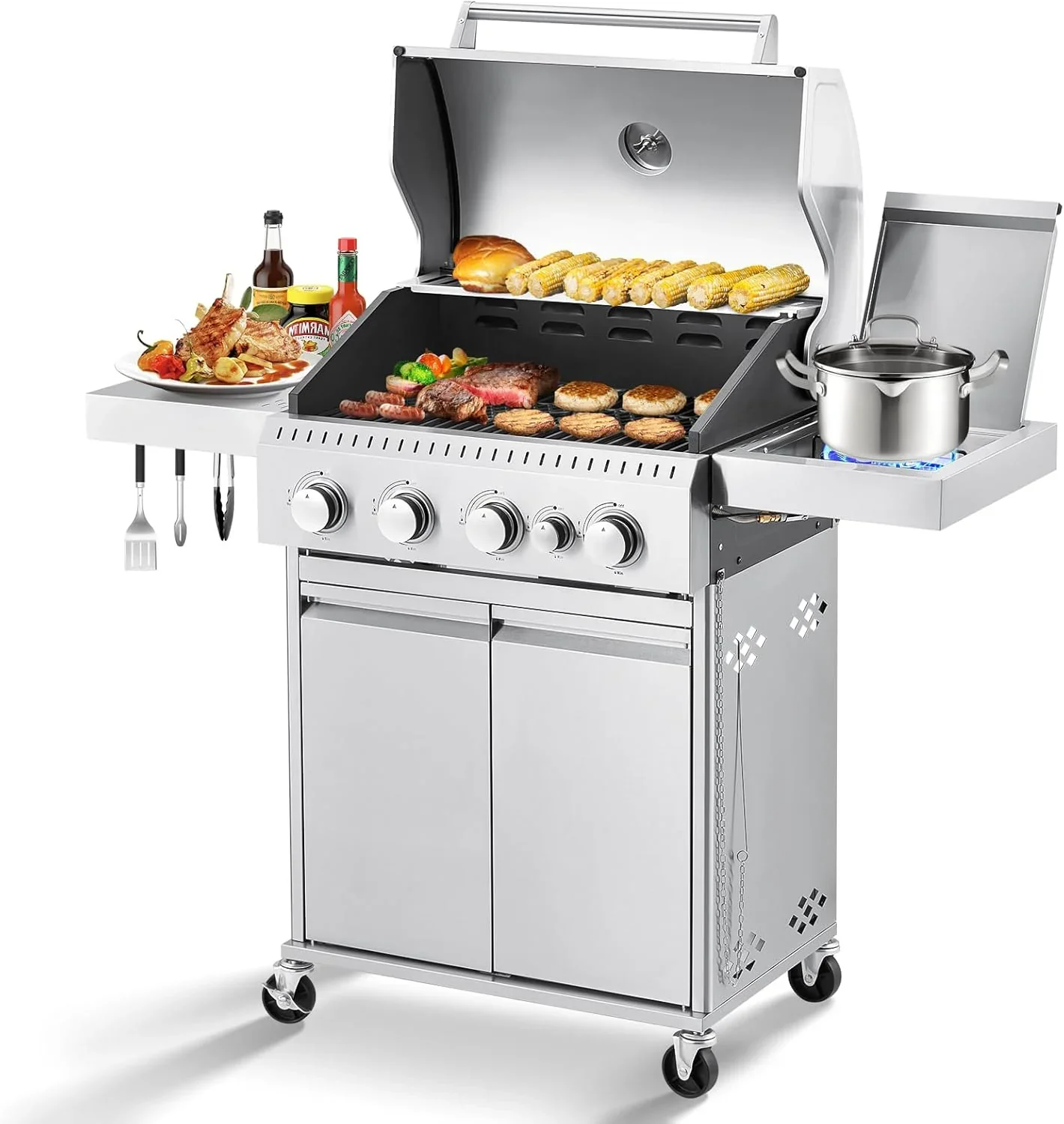 Upgraded 4 Burner BBQ Propane Gas Grill with Cast Iron Grates & Side Stove, 44,000 BTU Stainless Steel Burner Barbecue Grill for Patio, Camping, Outdoor Cooking.