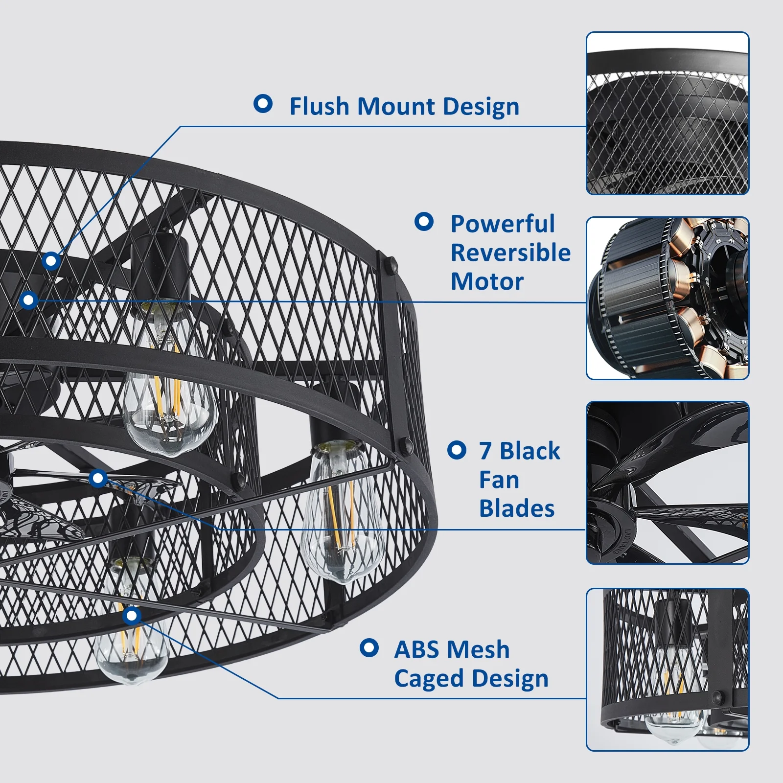 26 - Inch Farmhouse Caged Ceiling Fan with Light, Remote & APP Control Quiet DC Motor E26 Bulbs Included Black