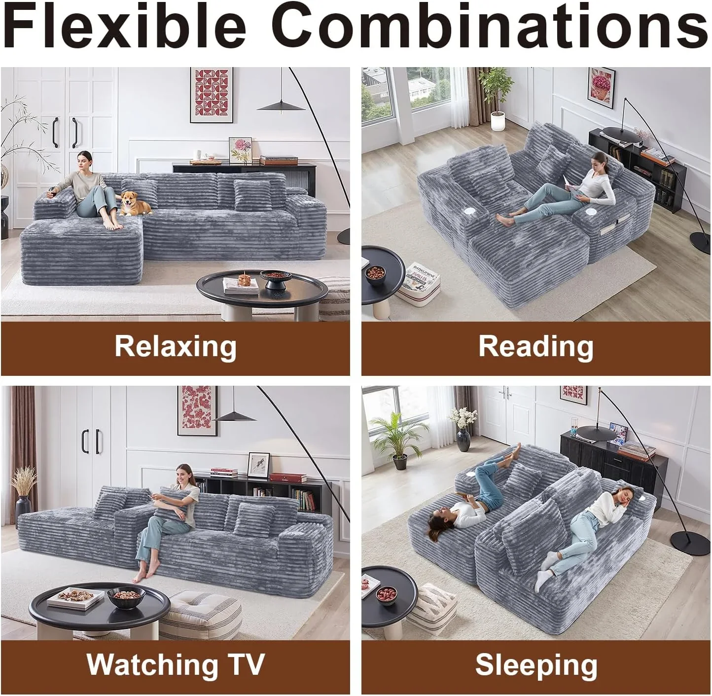 Cloud Sectional Couch with L-Shape Chaise Modern Modular Sofa Deep Seat Built-in Cup Holder