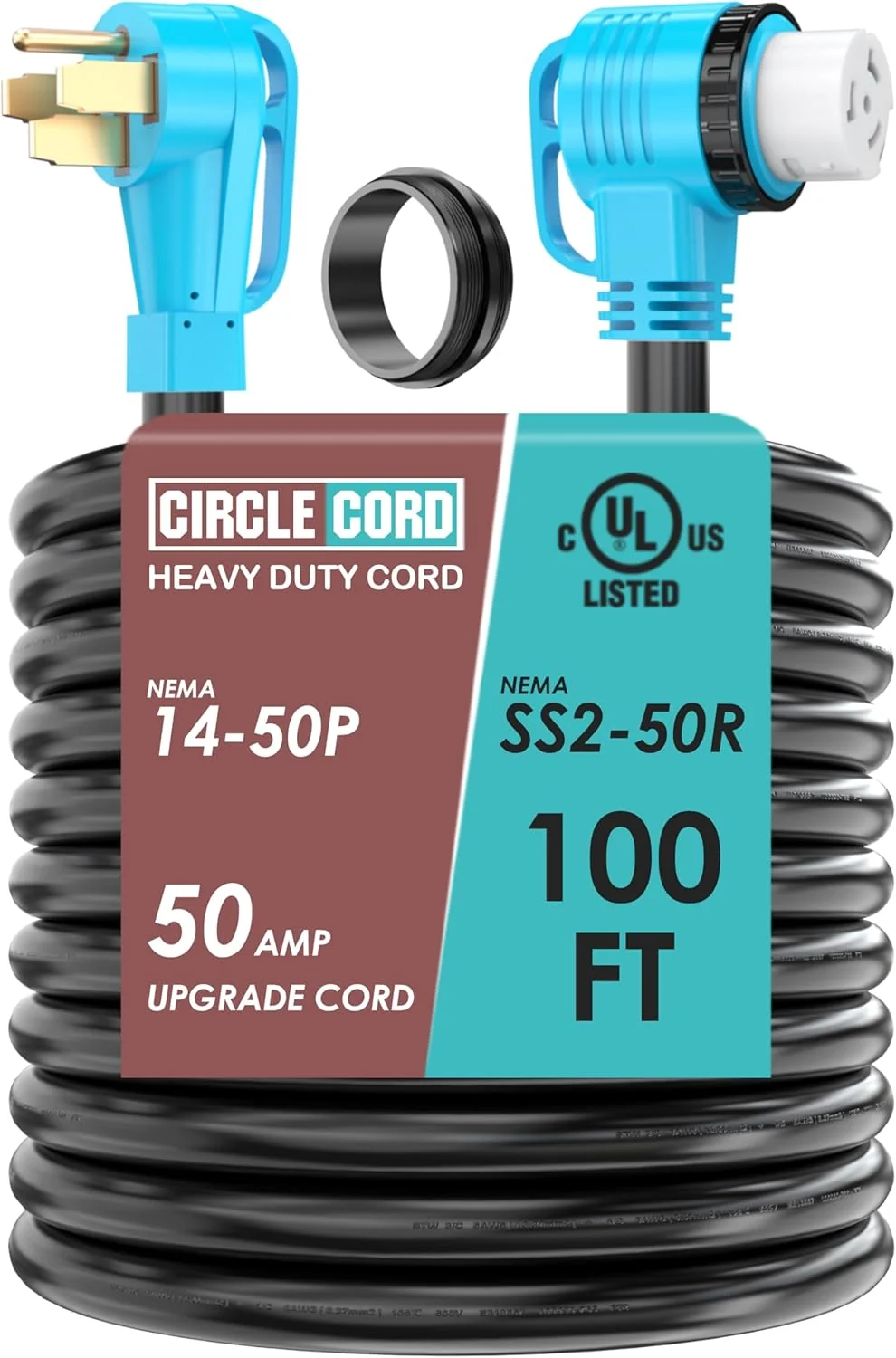 CircleCord 50 Amp 100 Feet RV/Generator Cord, 6/3+8/1 Gauge STW Wire – 14-50P To SS2-50R