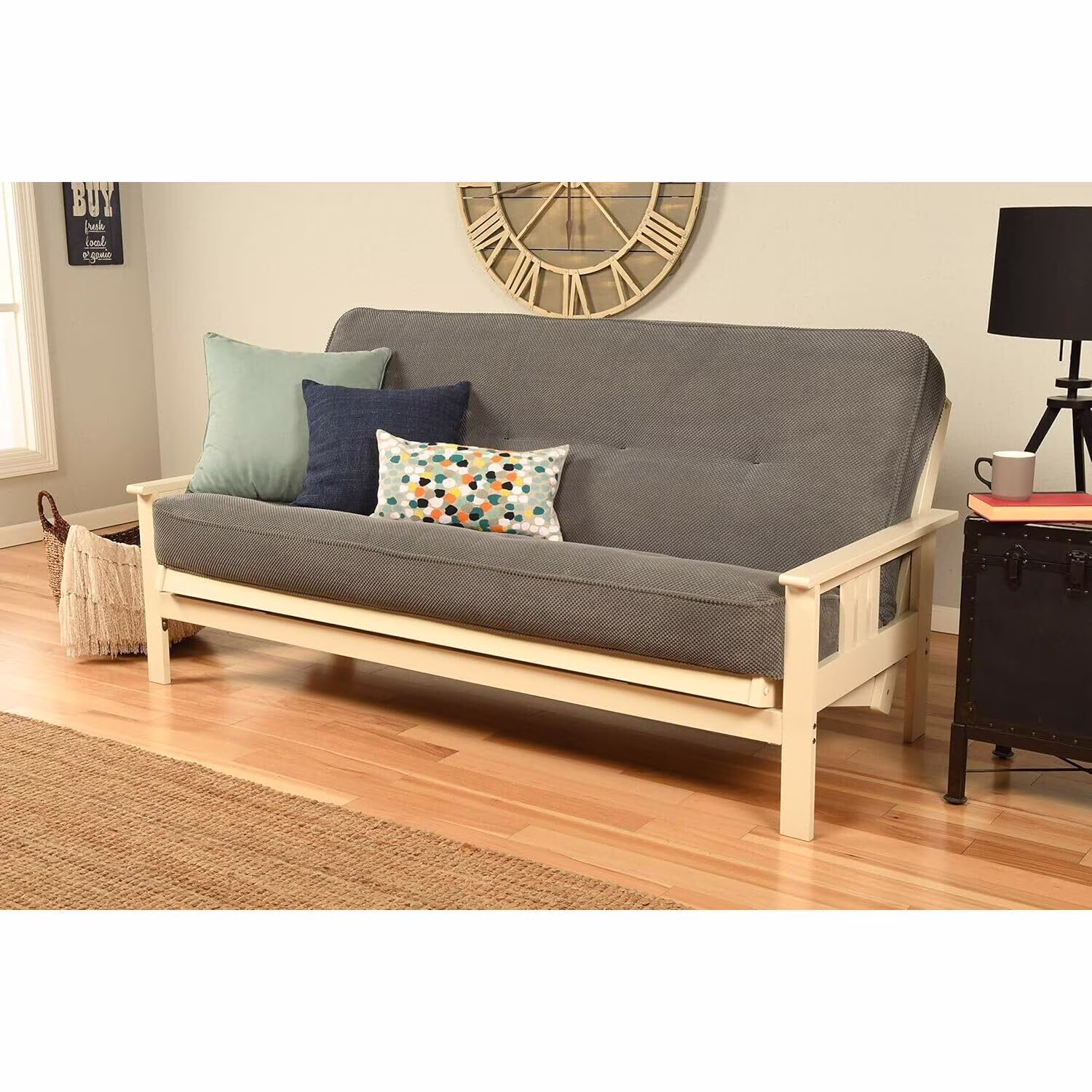Homestock African Artifacts Full Size Futon Frame Set with Mattress, Easily Converts to Bed, Versatile Design Futon Frame for All Spaces, 33"H x 79"L x 37"D-Color:Linen Charcoal,Size:Barbados