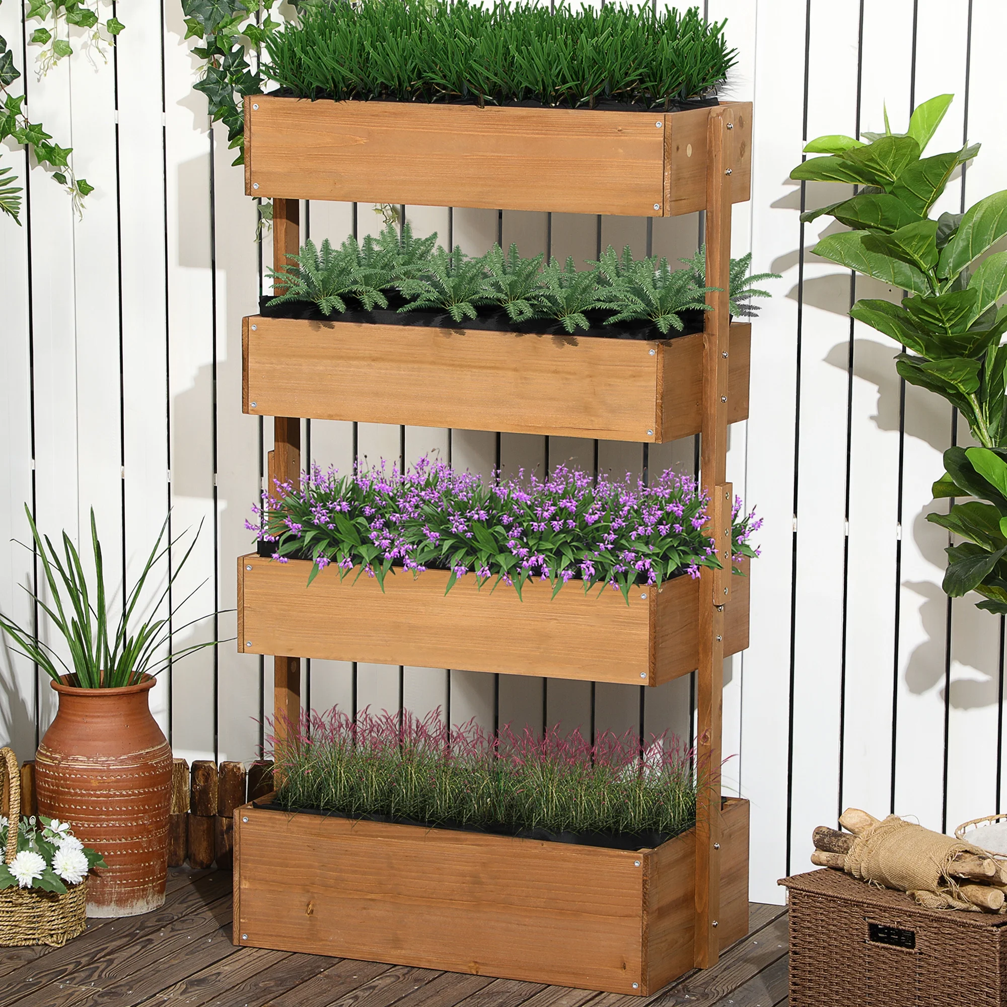 DUOSONG Outsunny Raised Garden Bed, 47" X 22" X 33", Elevated Wooden Planter Box W/ Lockable Wheels, Storage Shelf, And Bed Liner For Backyard, Patio, Natural Natural Wood Garden & Outdoor Garden