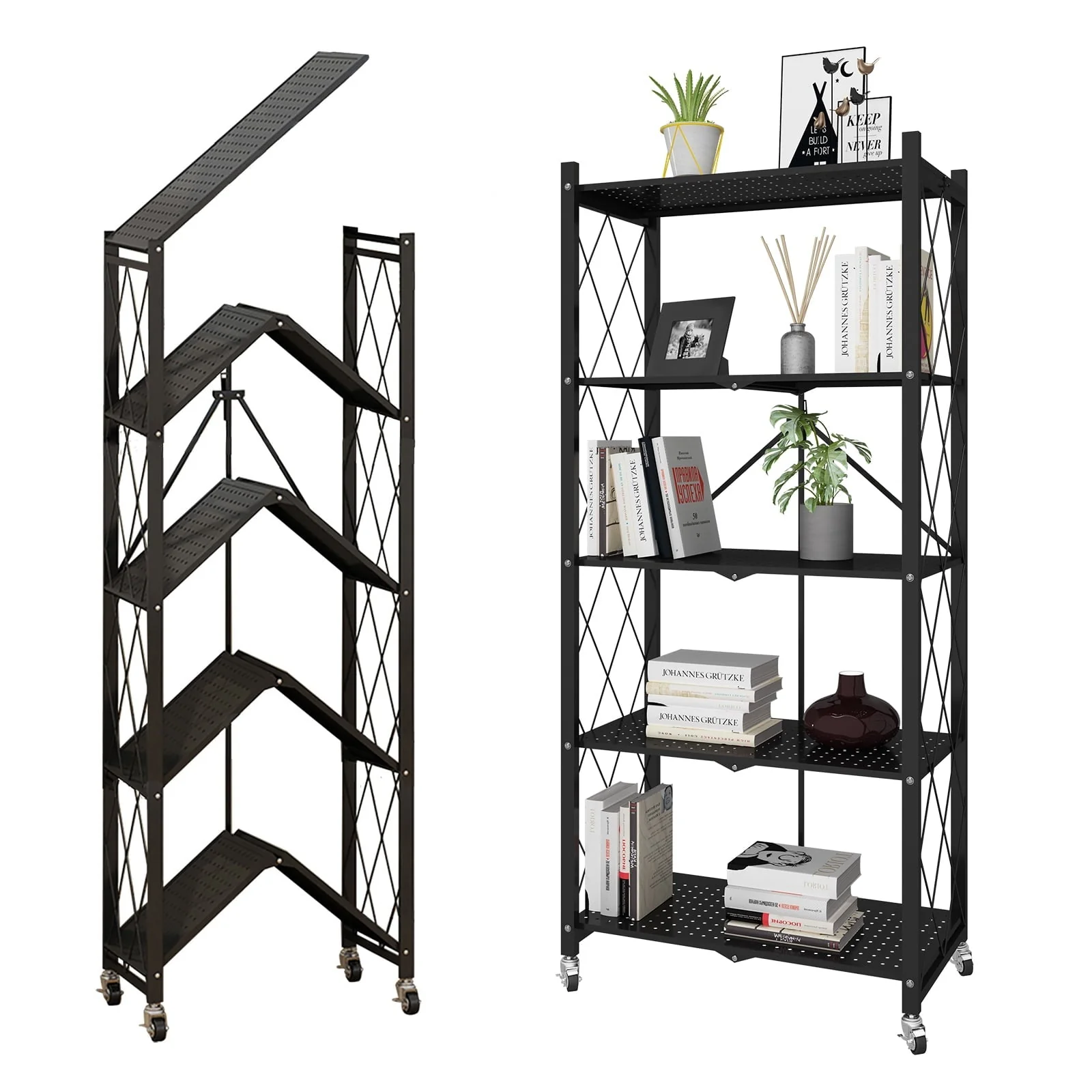 Foldable 28.35”W x 14.96”D x 63.19”L Storage Shelving Unit,Heavy Duty Metal Shelf,Foldable Shelf with Wheels,Garage Shelf Rack,Heavy Duty Pantry Organizer