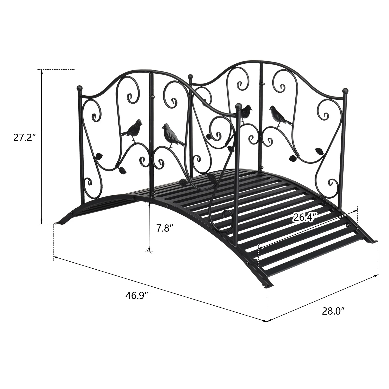 Garden Bridge, Metal Arch Backyard Garden Bridge Safety Siderails, Arch Path Bridge, Ourdoor Decorative Iron Foot Bridge for Pond and Backyard Landscaping (Black with Ball Flat Top), (47 x 26 x 28)"