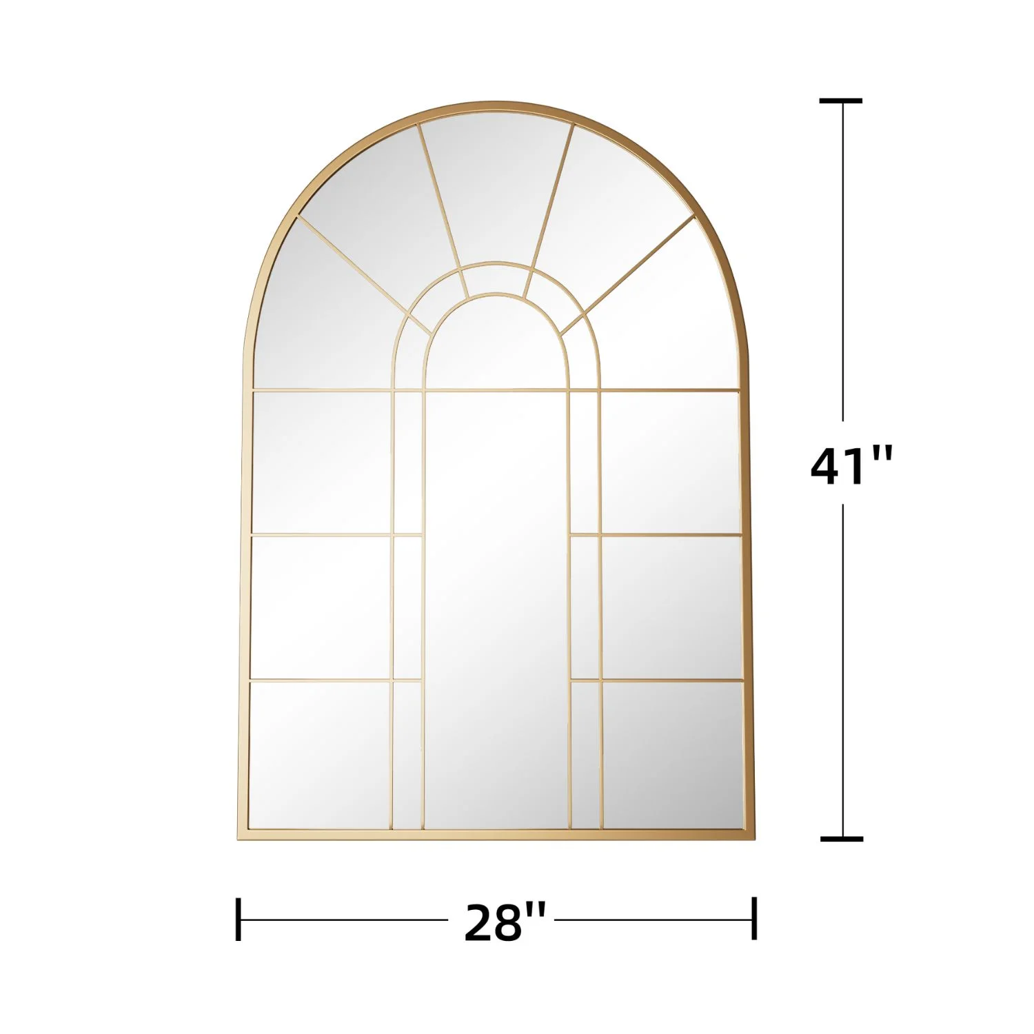 Lirago 42" x 28" Arched Decorative Mirror Metal Window Pane Wall Mirror, Gold