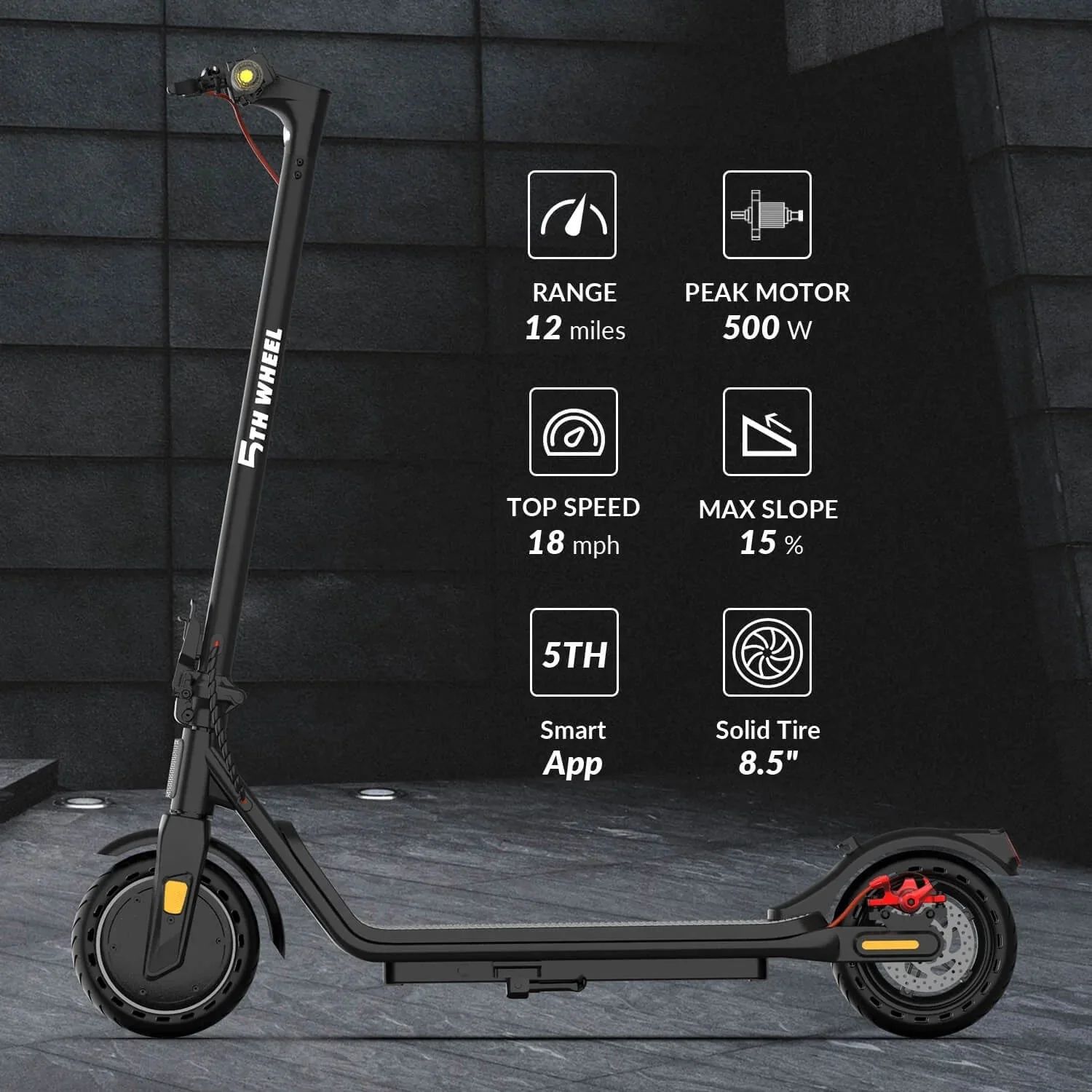 5TH WHEEL Electric Scooter With Turn Signals, 300W, 8.5 in Solid Tires, 18 mph, 12 Miles, Black - W16S