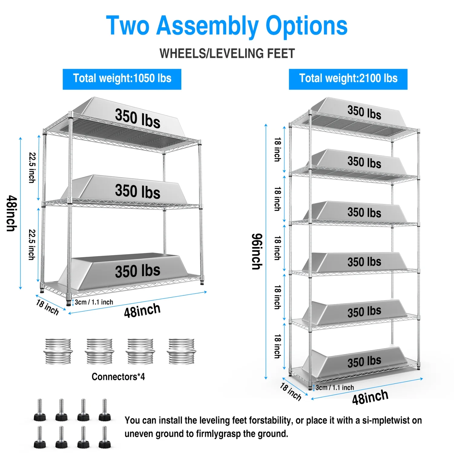 Holaki 3 Tier NSF Metal Shelf Wire Shelving Unit - Set of 2, 1050lbs Capacity Heavy Duty Adjustable Storage Rack with Shelf Liners, Chrome (48" H x 48" L x 18" D)