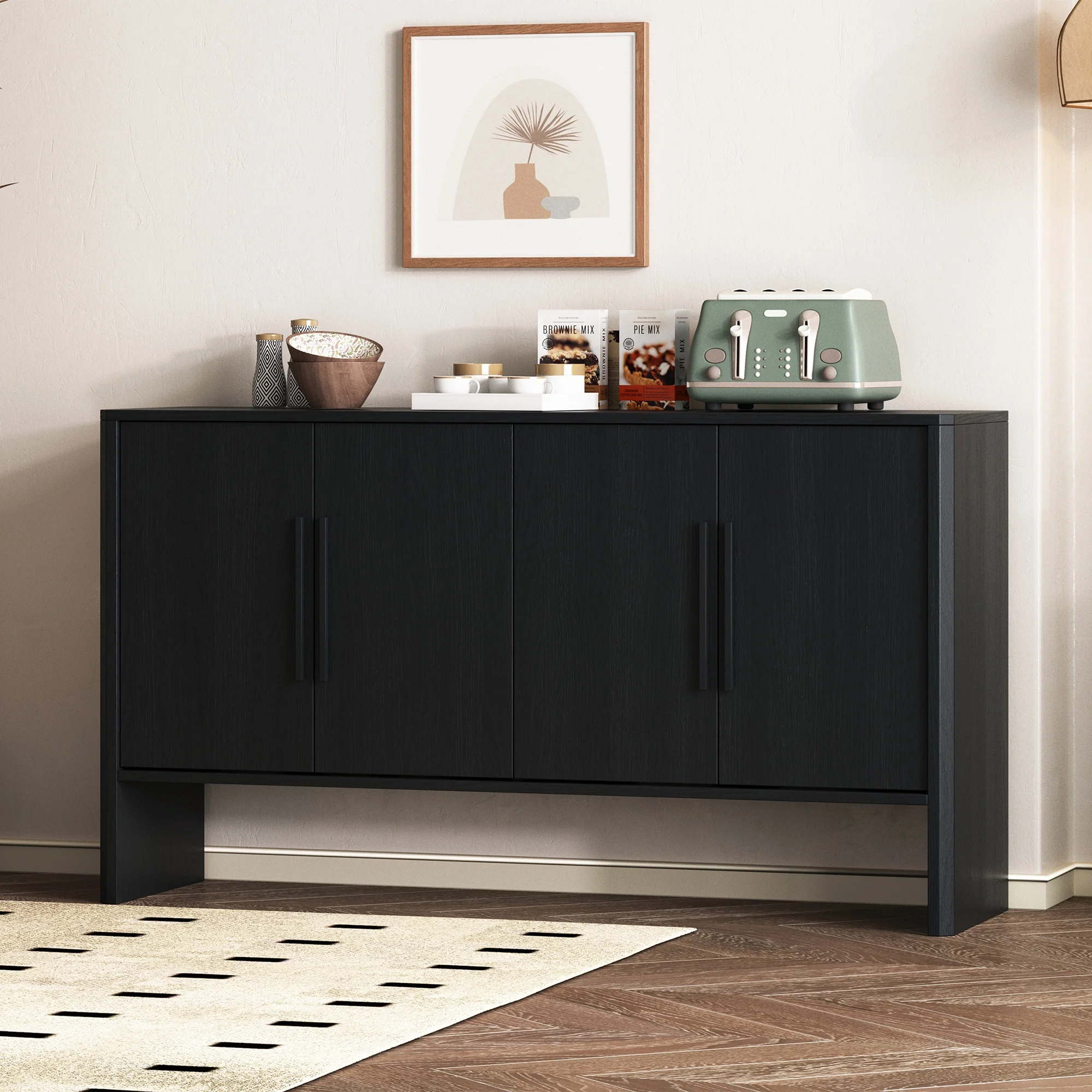 Accent Cabinet with 4 Doors, TUANLUO Buffet Cabinet with Adjustable Shelves, Wood Storage Cabinet, Modern Accent Cabinet Furniture for Hallway Entryway Living Room, 59"L x 15.7"W x 33.2"H, Blue