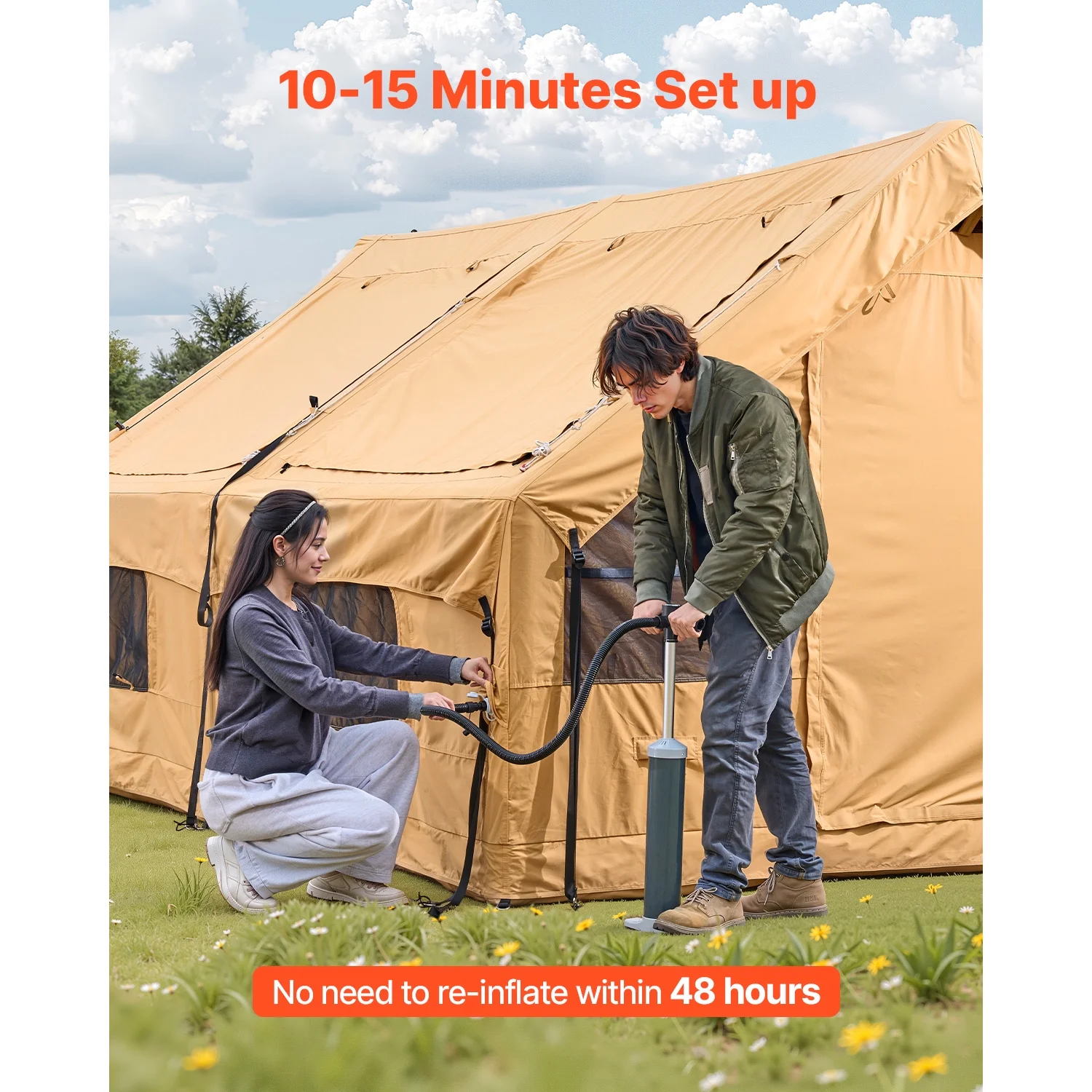 KFFKFF Inflatable Tent for Camping, 13.12 x 9.84 x 7.22 Ft Glamping Blow up Tent for 5-8 People, Air-Filled Camping Shelters, Outdoor Living Tent with Dual Sunroofs, Stove Jack