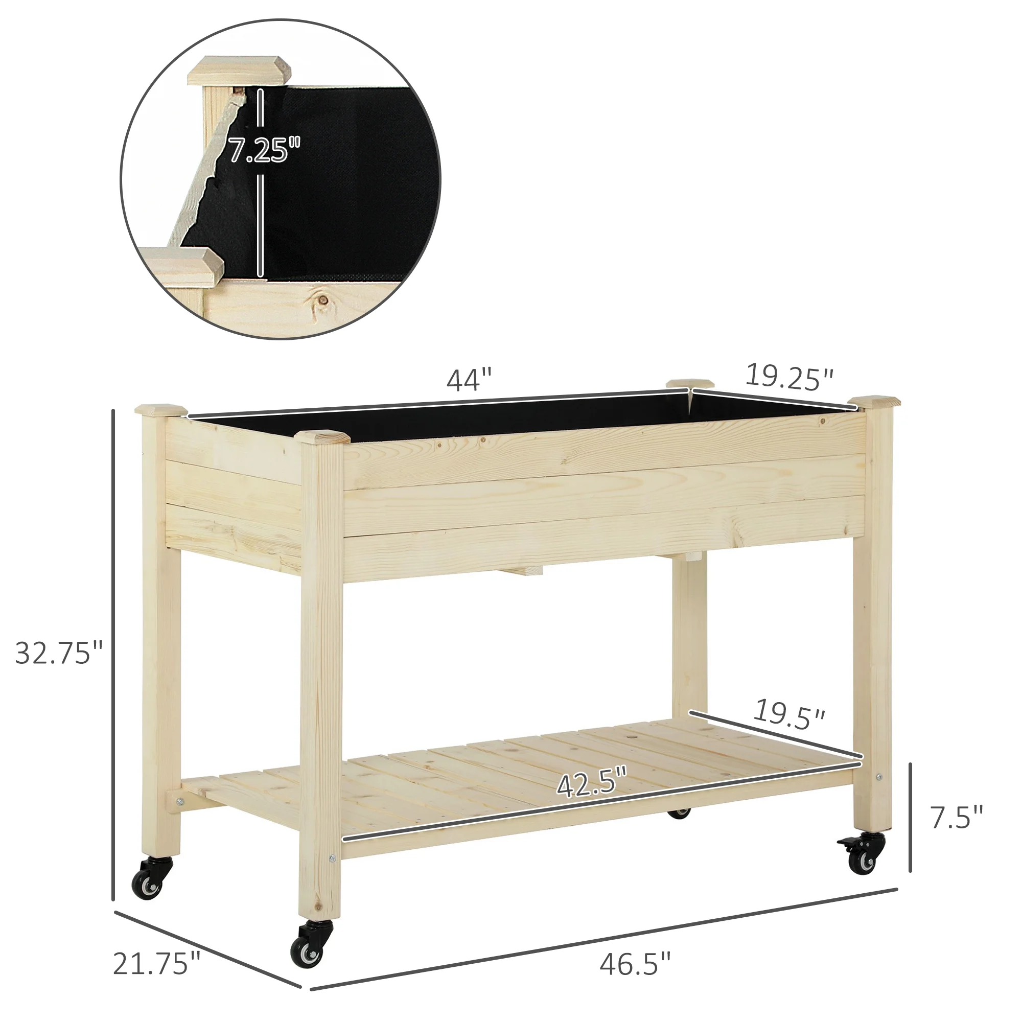 DUOSONG Outsunny Raised Garden Bed, 47" X 22" X 33", Elevated Wooden Planter Box W/ Lockable Wheels, Storage Shelf, And Bed Liner For Backyard, Patio, Natural Natural Wood Garden & Outdoor Garden