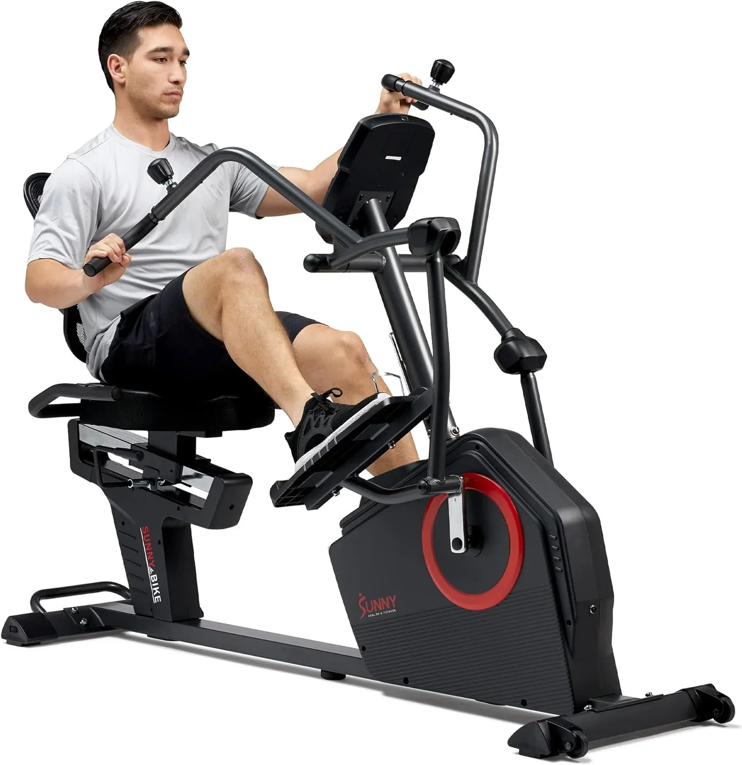 Sunny Health & Fitness Electromagnetic Recumbent Cross Trainer Exercise Elliptical Bike w/Arm Exercisers, Easy Access Seat & Exclusive SunnyFit® App Enhanced Bluetooth Connectivity – SF-RBE4886SMART