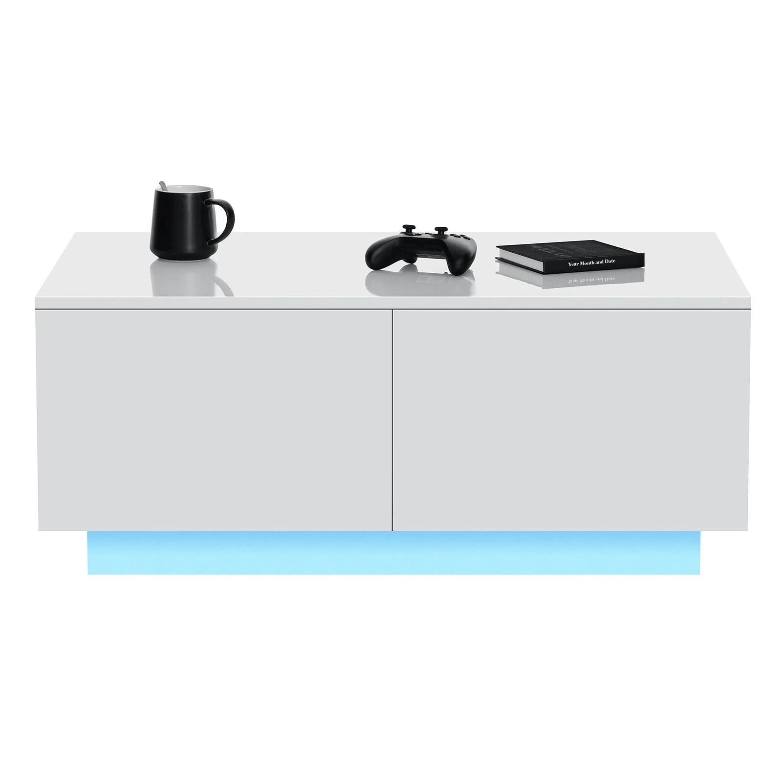 Hommpa Rectangular Coffee Table with LED Lights Tea Tables with 4 Drawers High Gloss Modern Living Room Furniture White Finish Sofa Side Table 37.4 x 23.6 x 15.4 Inches