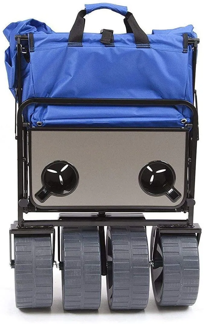 All Terrain Beach Wagon with Side Table|Heavy Duty Collapsible Folding Cart with Large Wheels for Beach Day, Picnic, Camping, Outdoor Activities | Blue/White