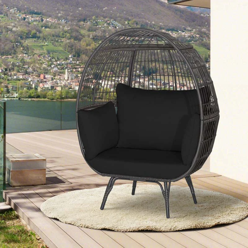 Oversized Wicker Egg Chair with 4 Cushions, Steel Frame Basket Chair Indoor Outdoor Patio Lounge Chair