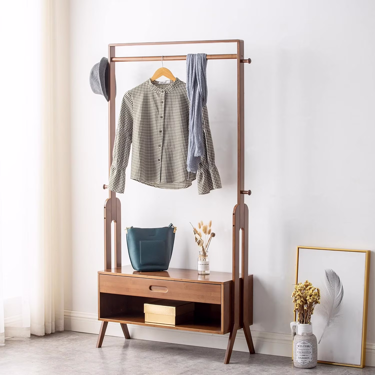 WILK Freestanding Wooden Coat Rack, Bamboo Wood Coat Rack with Seat, Storage Drawer and Hooks, Tree Freestanding for Hanging Coats, Jackets, Hats, Bags, Umbrellas, Brown (32.9(L) x 13(W) x 66.5(H))