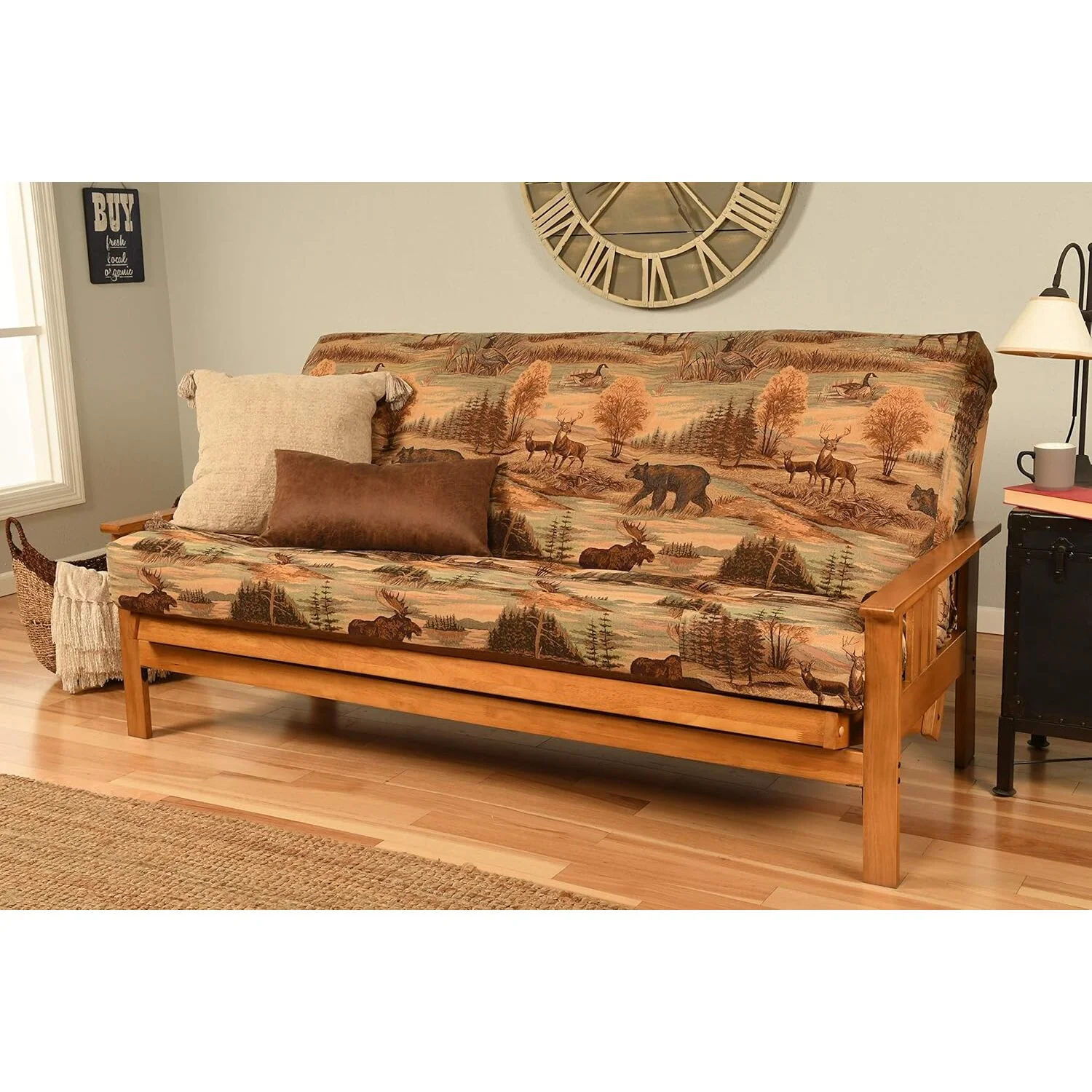 Homestock African Artifacts Full Size Futon Frame Set with Mattress, Easily Converts to Bed, Versatile Design Futon Frame for All Spaces, 33"H x 79"L x 37"D-Color:Linen Charcoal,Size:Barbados