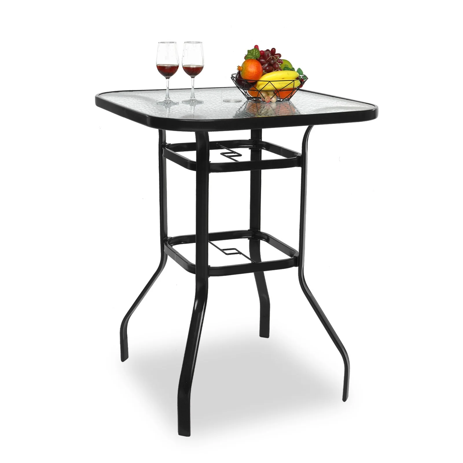 IVV Outdoor Patio Bar Height Bistro Table w/ Tempered Glass Top & 1.8″ Umbrella Hole & Metal Frame, 31.5″L x 31.5″W x 39.8″H, Black & Clear