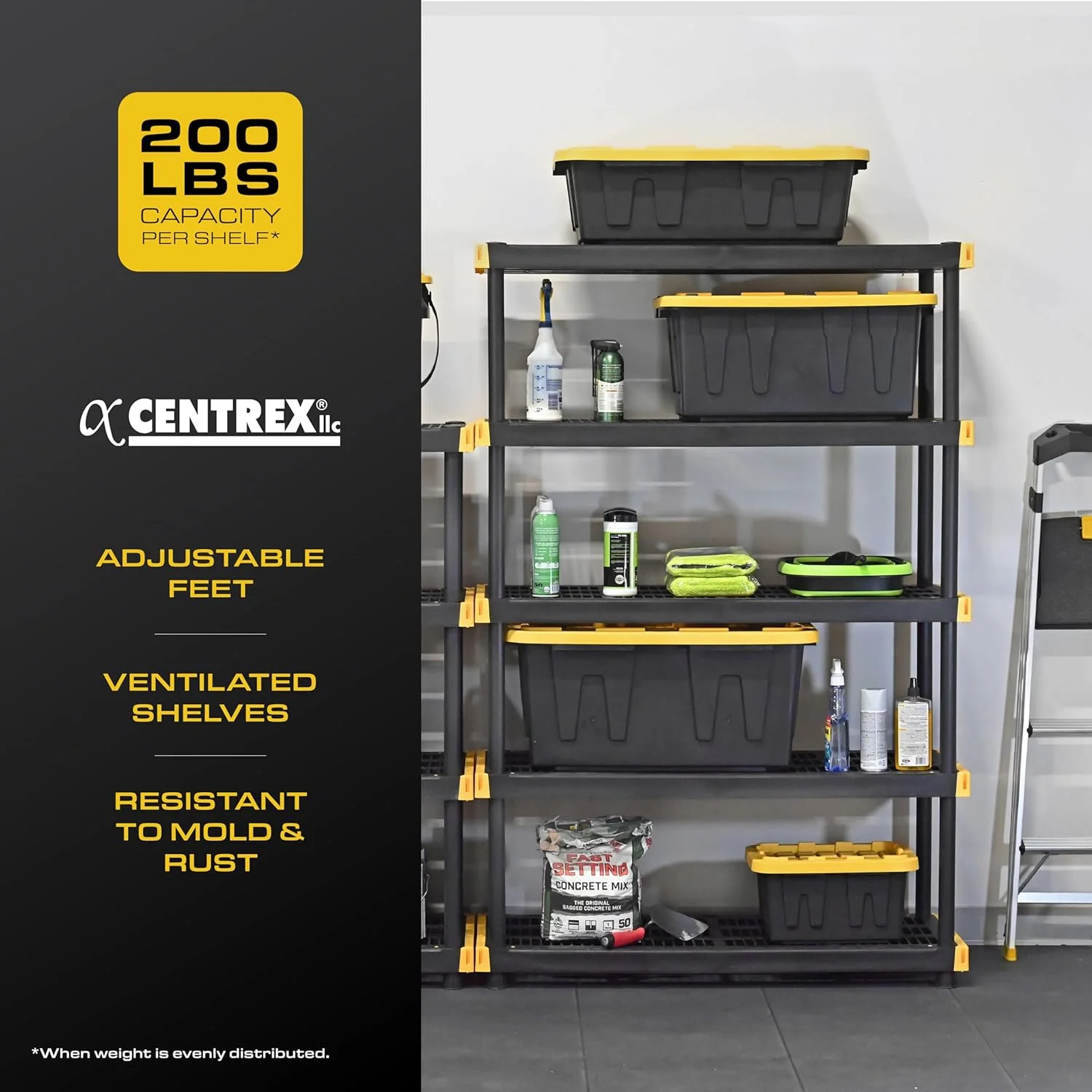 Black & Yellow, 5-Tier Heavy Duty Plastic Storage Shelving Unit, 200lbs/shelf (72H x 48W x 20D), for Indoor/Outdoor Organization, Modular Rack