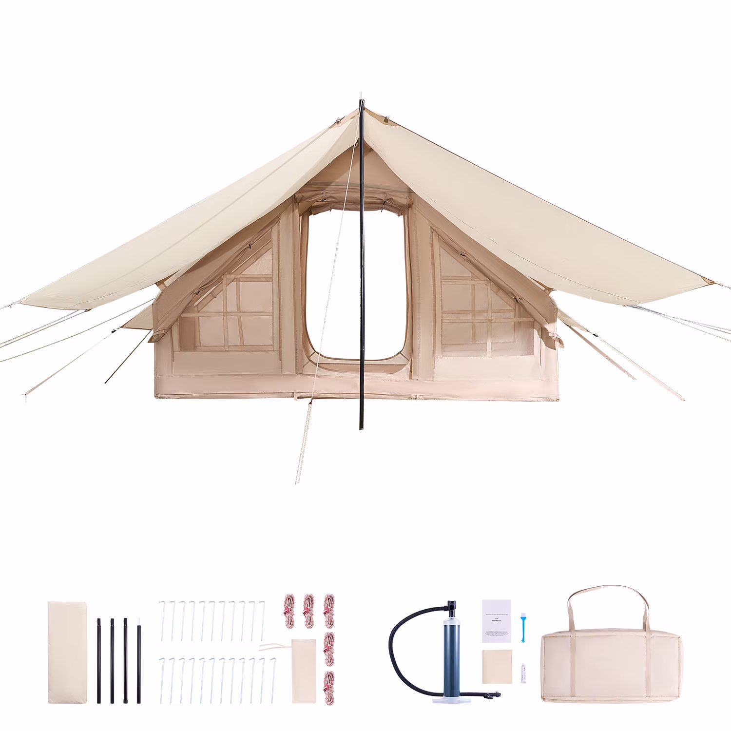 KFFKFF Inflatable Camping Tent for 3-5 Person, 9.84 x 6.56 x 6.56 Ft 300D Oxford Fabric Glamping Blow up Tent with Hand Pump, Waterproof Air Tent with Stove Jack