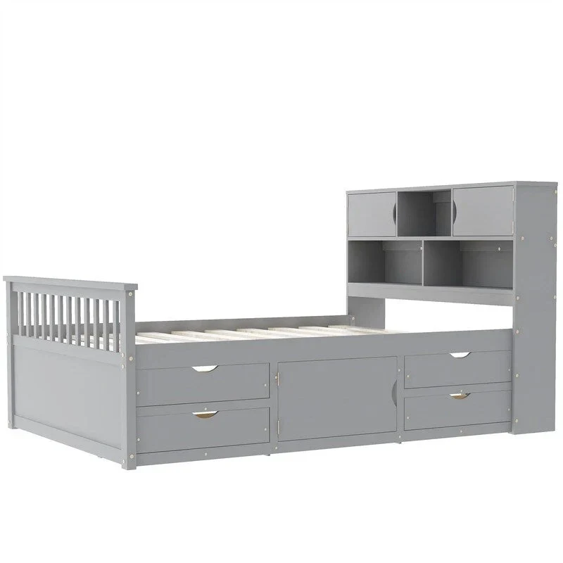 Twin/Full Size Captain Platform Bed with 4 Drawers and Storage Shelves, Solid Wood Bed Frame with Storage Bookcase Headboard