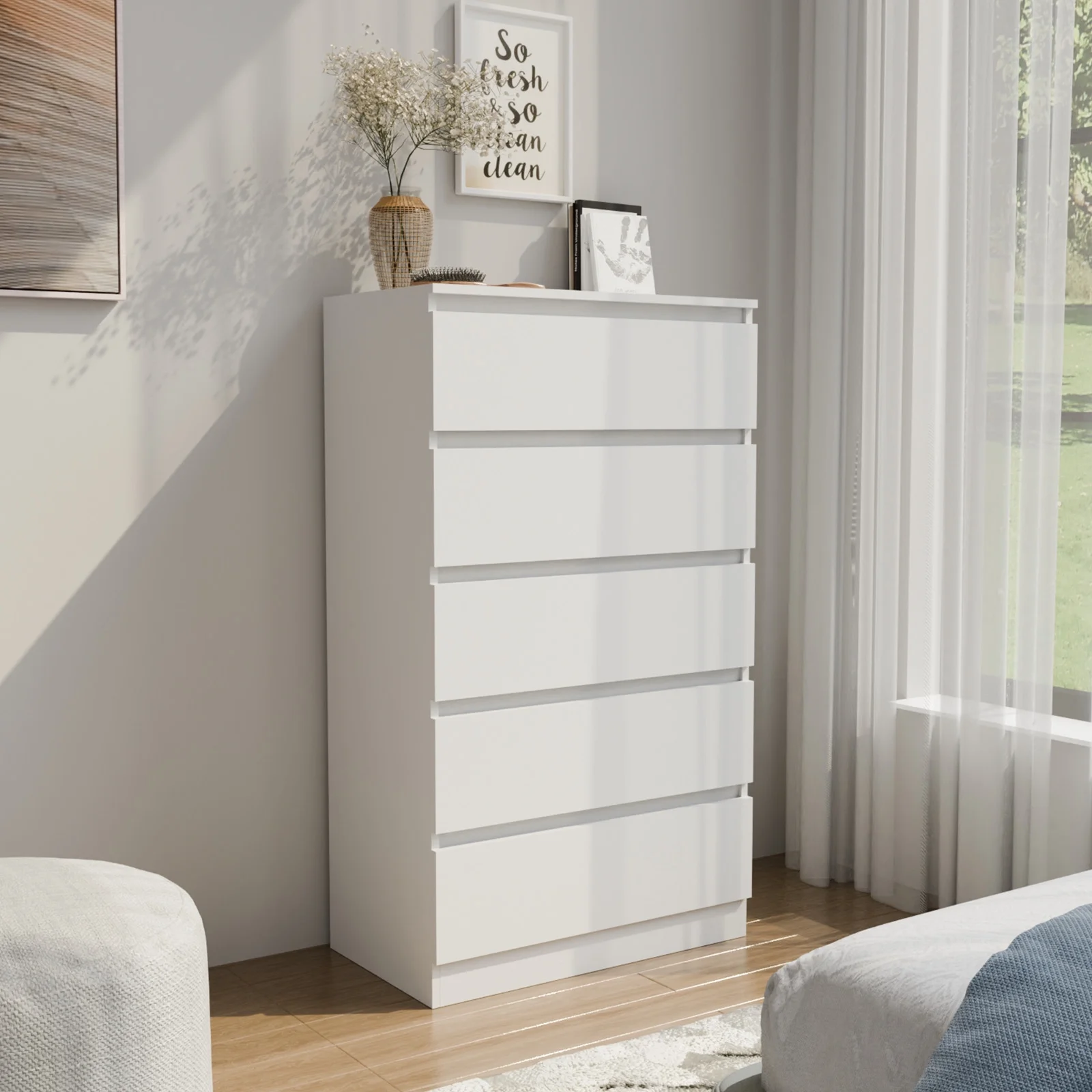 Hommpa Dresser for Bedroom, 48"H White Dresser for Closet, 5 Drawers Tall Wooden Modern Storage Chests of Drawers for Women, Living Room Furniture 27.5"L X 15.7"W X 48"H