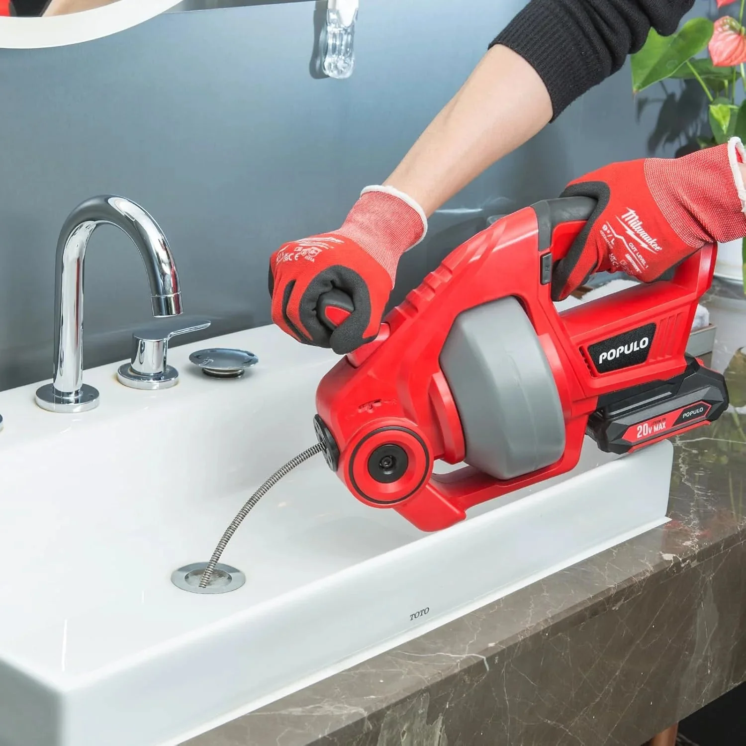 POPULO 20V Cordless Electric Drain Auger-Efficient 25Ft Auto-Feed Drain Snake with Replaceable Cable,2.0Ah Battery,Charger,Storage Bag & Gloves for Kitchen,Bathroom,Shower Pipes (3/4″-2″)”