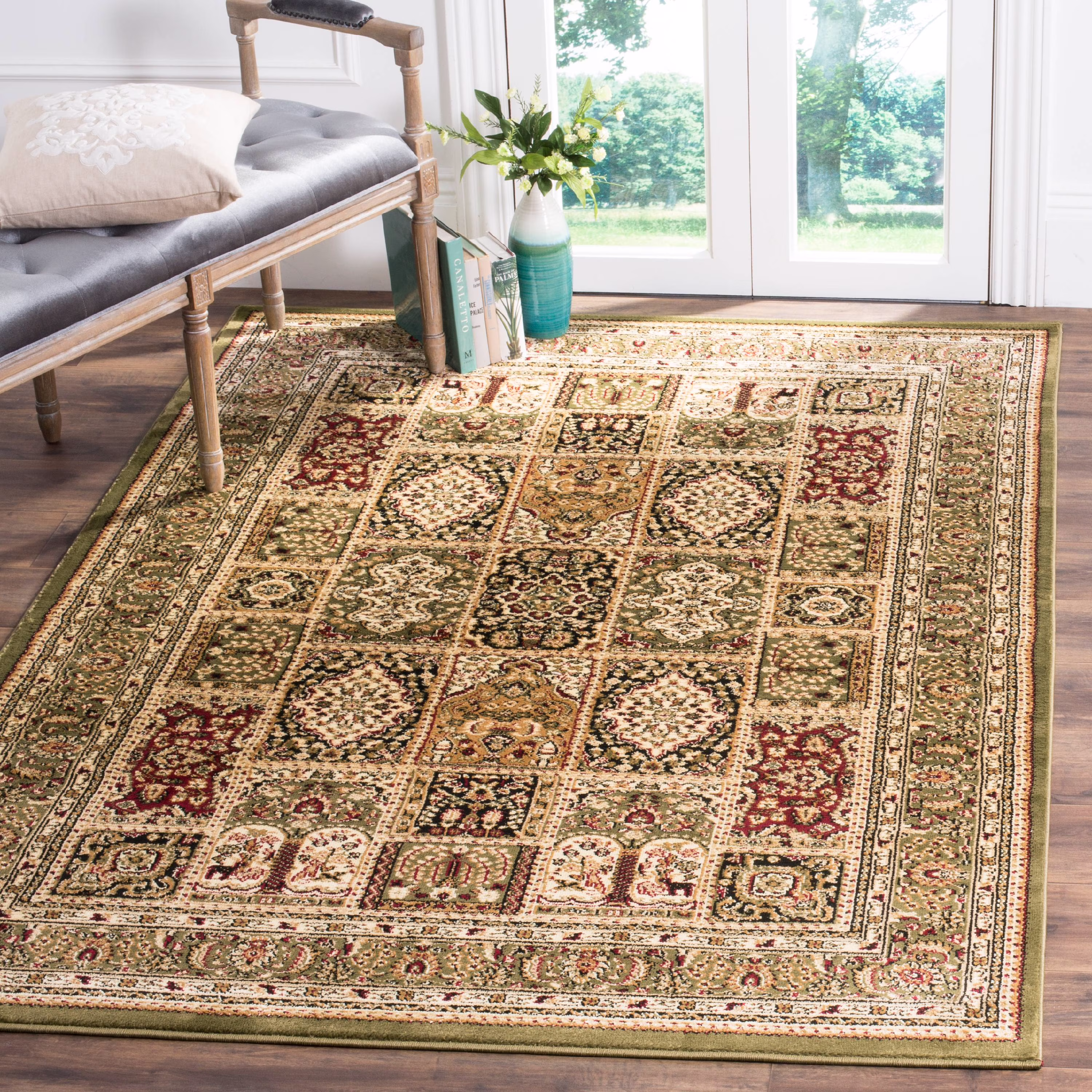 SAFAVIEH Lyndhurst Josephine Traditional Bordered Area Rug, Multi/Green, 9′ x 12′