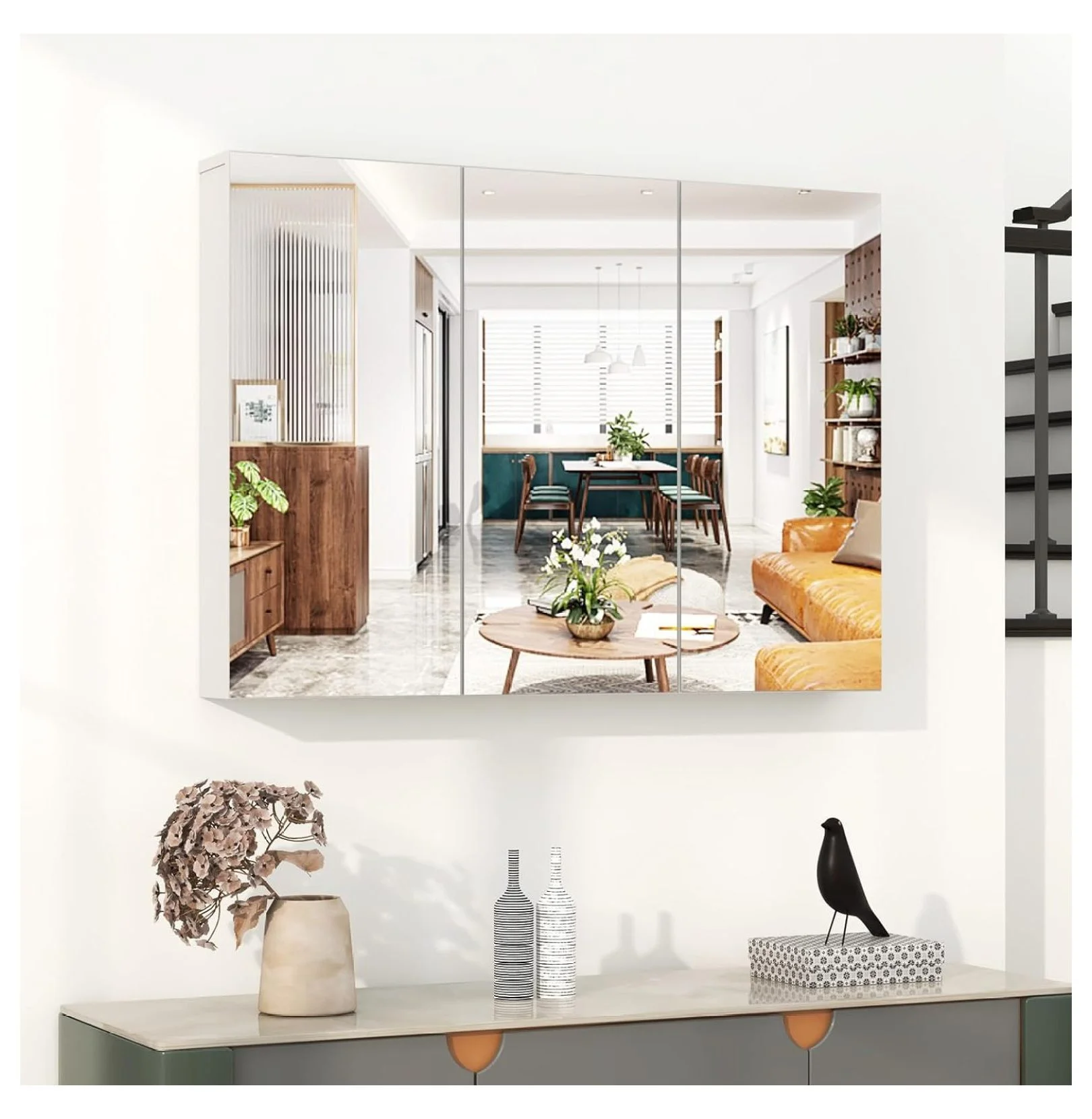 Mirrored Medicine Cabinet, Large Wide Wall Mounted Storage Cabinet with 3 Mirror Doors & Adjustable Shelf, Hanging Bathroom Organizer, White, 36 x 4.5 x 25.5 Inches