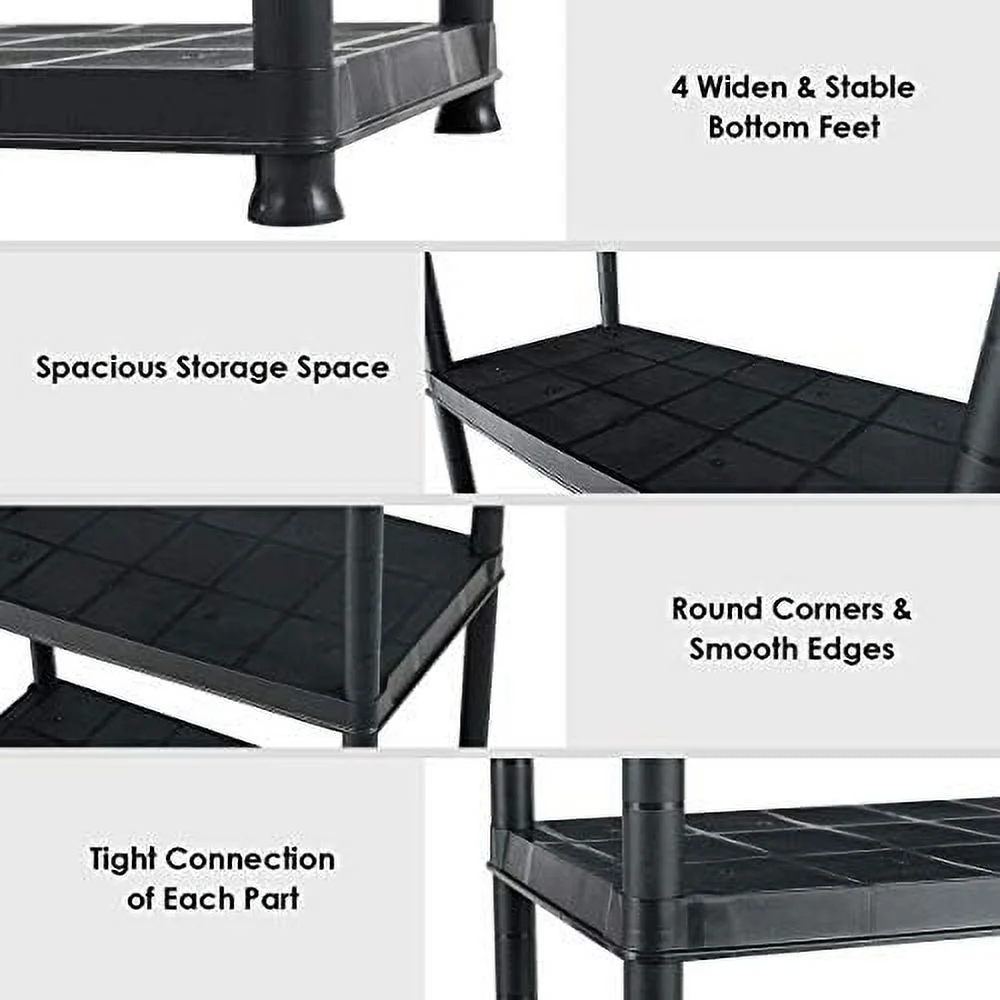 5 Tier Plastic Storage Shelves, Easy to Assemble Garage Rack, Multi-Use Free Standing Shelf Unit, Heavy Duty Shelving for Home Office, Black(2, 36L X 18W X 73H)