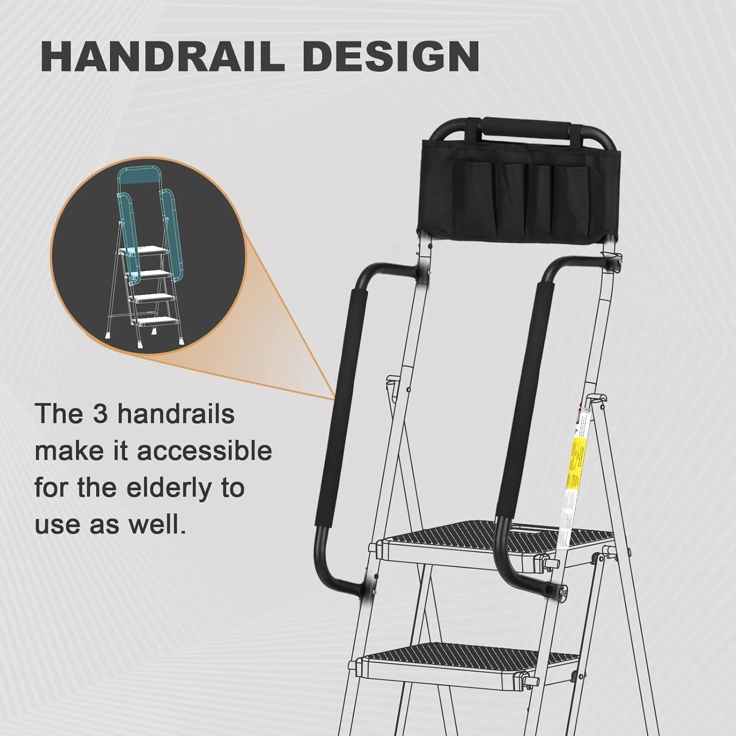 HBTower 4 Step Ladder with Handrails and Tool Bag, Folding Step Stool with Attachable  Anti-Slip Wide Pedal, Black