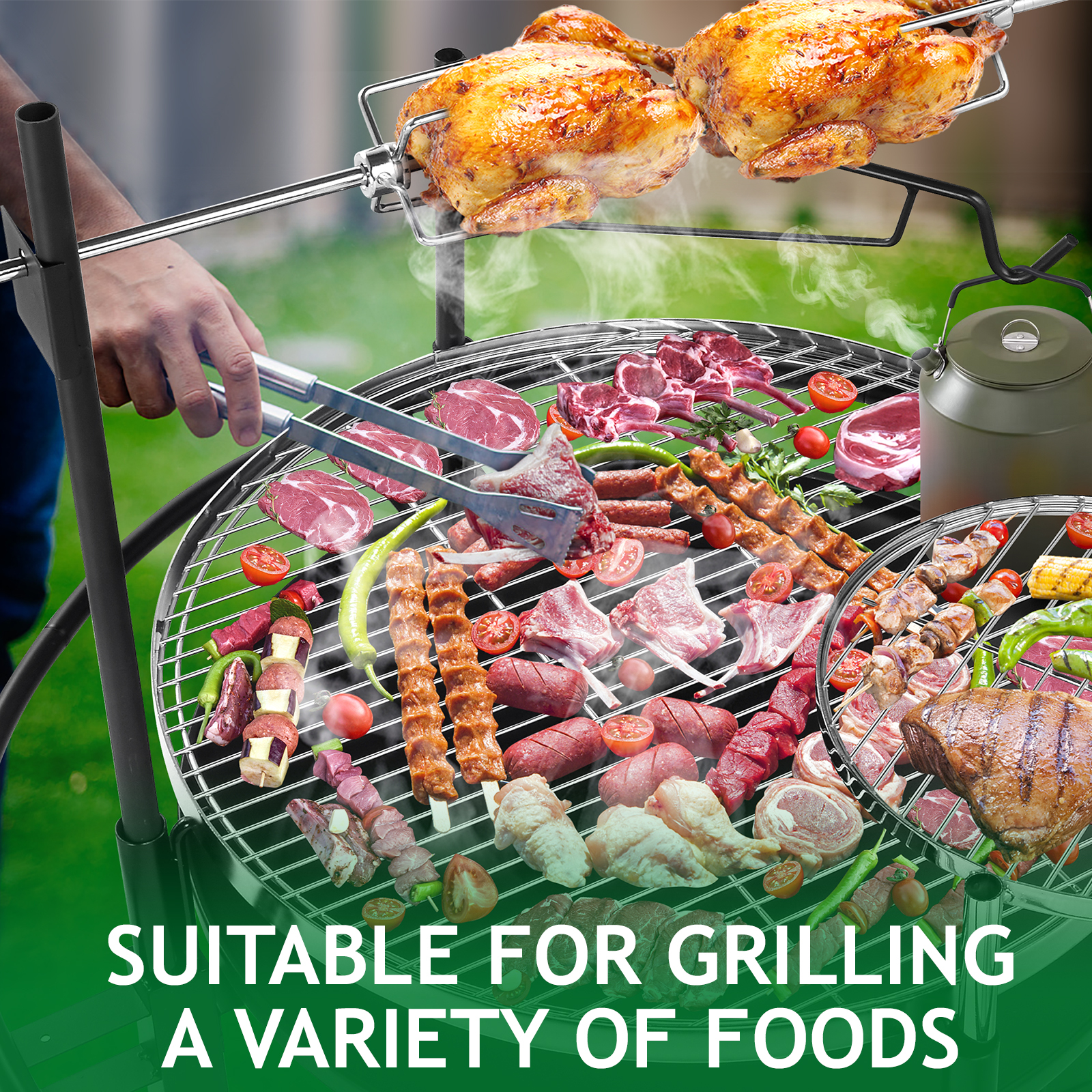 Hassch Round Iron Spray Grill Barbecue Grill Charcoal Grill Outdoor Grill Rotisserie Grill Grilling Grate Portable Outdoor Grill 33"L x 33"W x 43"H, Black