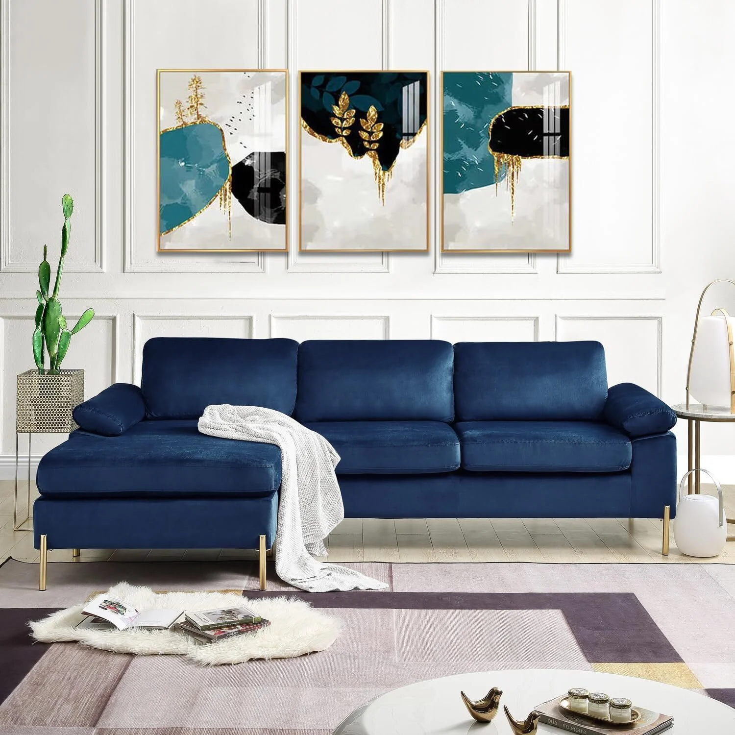 HomeStock Luxe Modern Velvet L-Shape Sectional Sofa with Square Padded Armrests, Solid Pattern Upholstery - 51.6"D x 101.2"W x 33.1"H, Comfortable and Stylish Seating for Living Room-Color:Gray/Gold