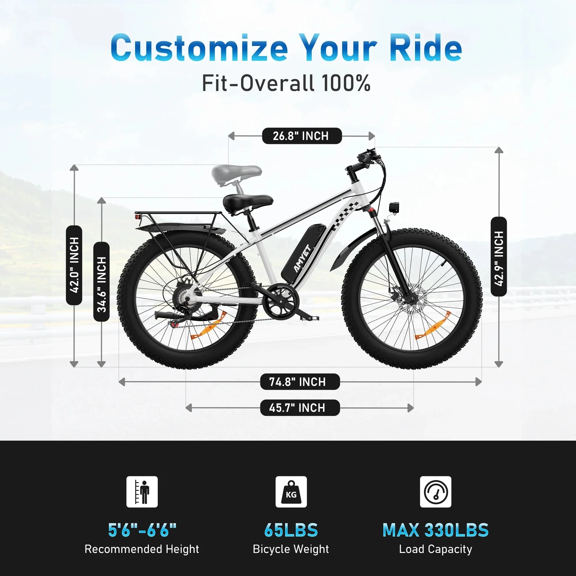 AMYET 26 x 4 Fat Tire Electric Mountain Bike, 48V 15Ah, 7-Speed - EB26