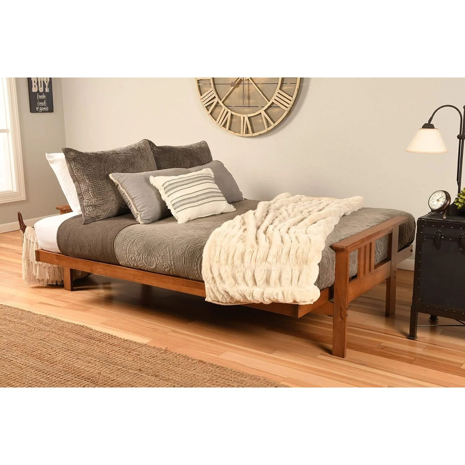 Homestock African Artifacts Full Size Futon Frame Set with Mattress, Easily Converts to Bed, Versatile Design Futon Frame for All Spaces, 33"H x 79"L x 37"D-Color:Linen Charcoal,Size:Barbados