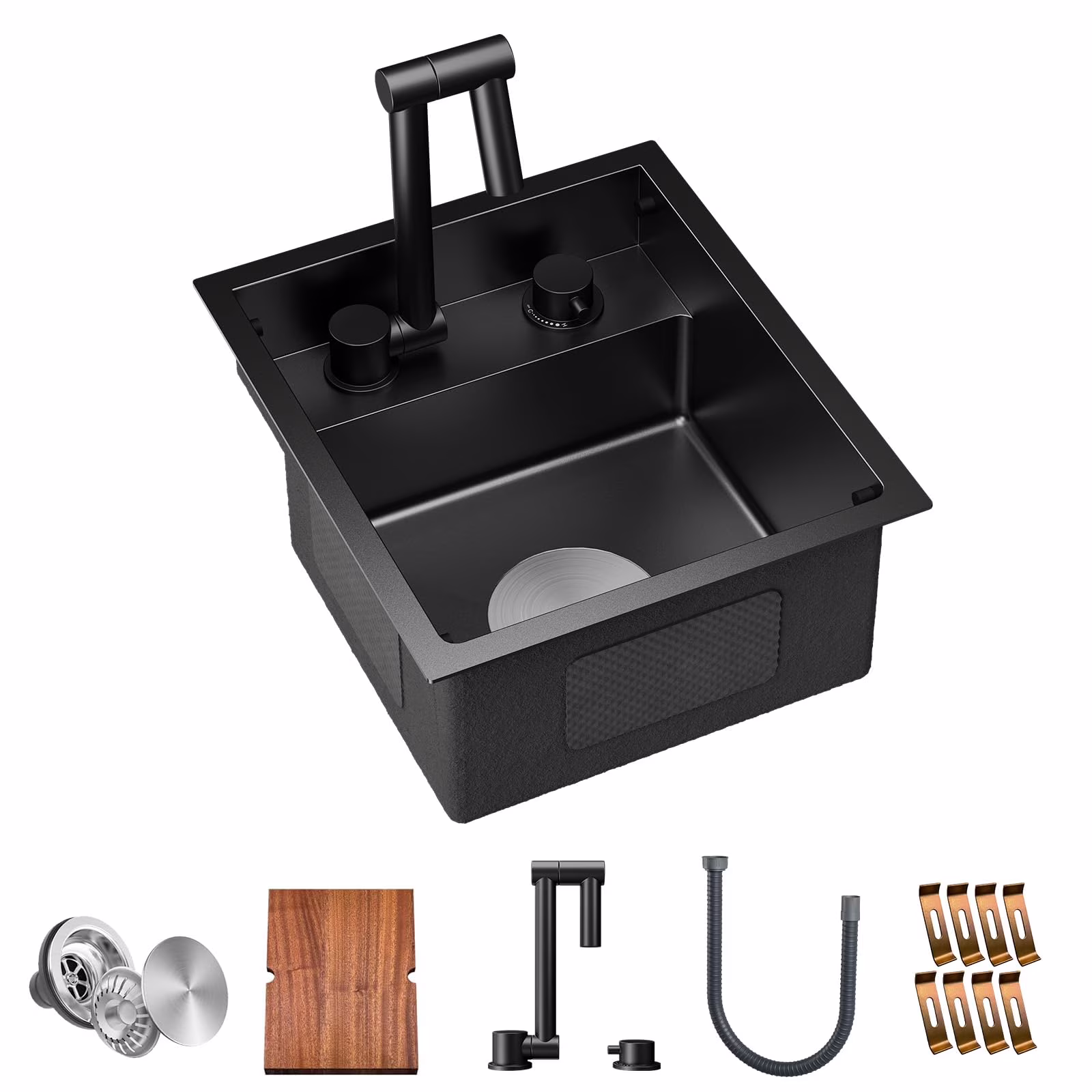 TORVA RV Kitchen Sink, 13 x 15 x 7 Inch Undermount Bar Sink 16 Gauge Stainless Steel Single Bowl Sink with Foldable Faucet Cutting Board, Dark Grey