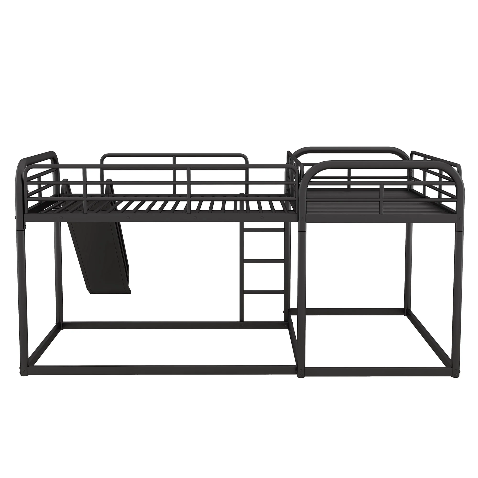 Full and Twin Size L - Shaped Quadruple Metal Bunk Bed with Slide for Kids, Black