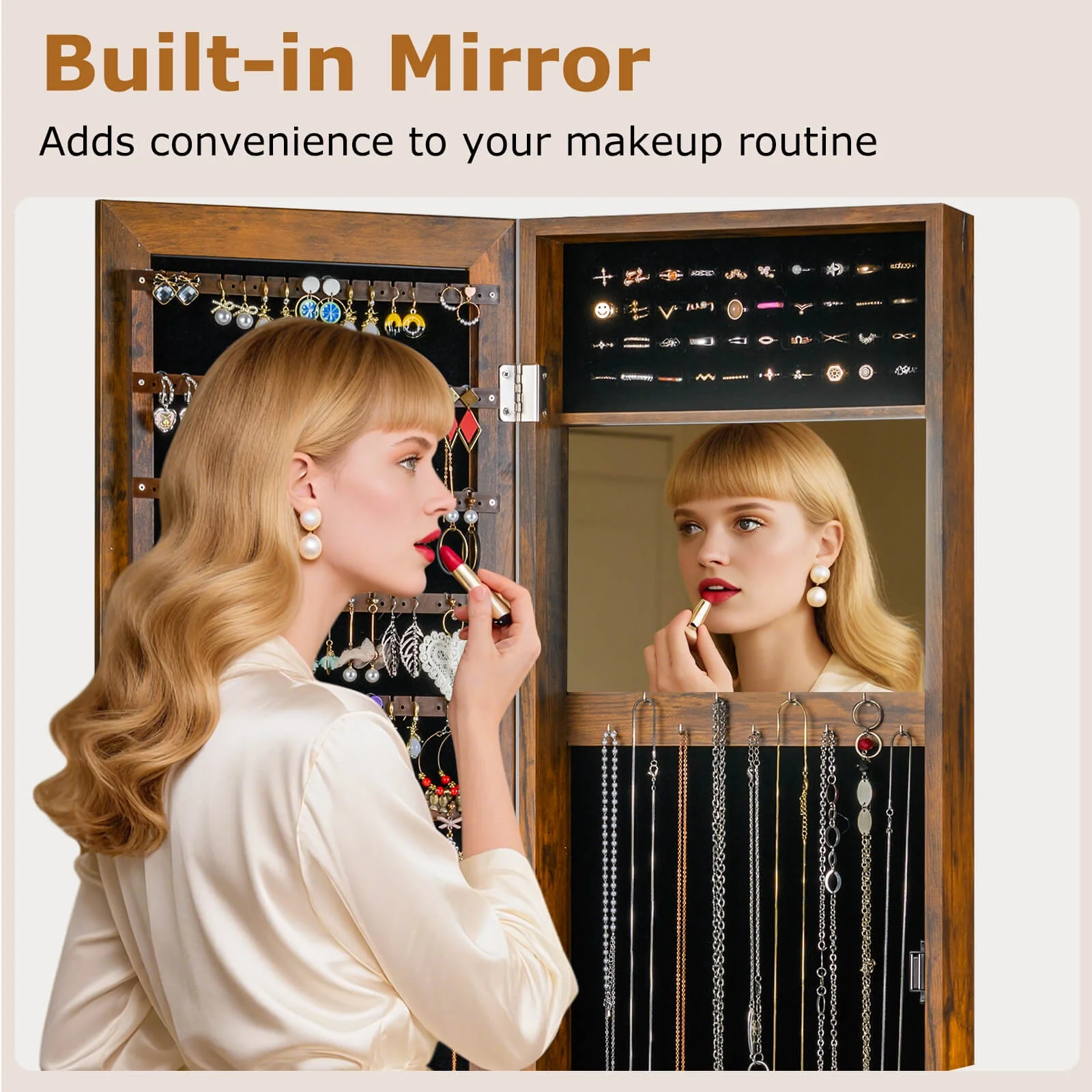 Costway Wall Door Mounted Mirrored Jewelry Cabinet Storage Organizer-Black