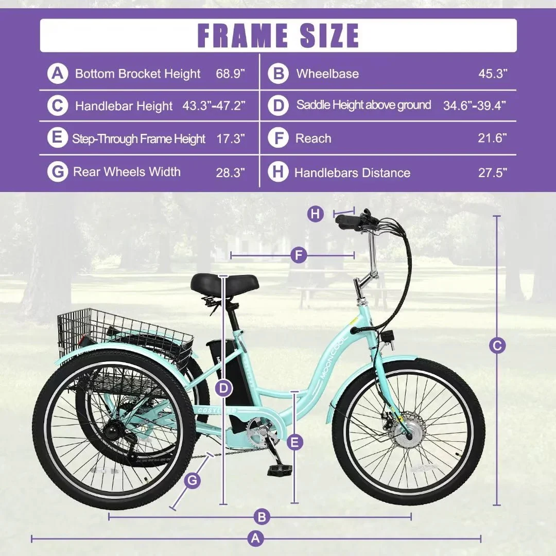 Docred 24in Electric Tricycle, 7 Speed 3 Wheel E-Bike With Large Basket, 350W 36V 10.4Ah – 15.5 MPH
