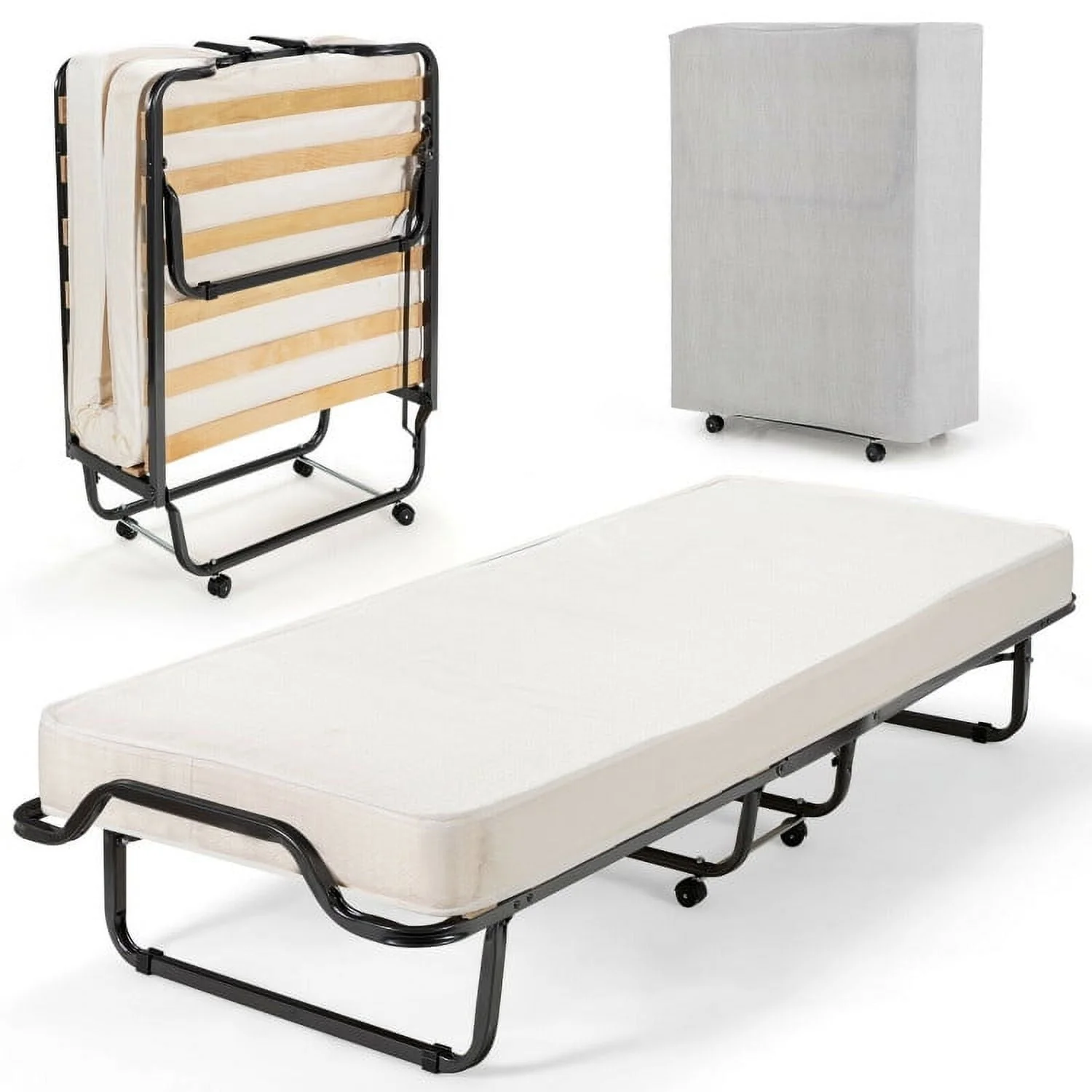 Folding Rollaway Bed, Metal Frame Bed Storage Cover Included, Portable Foldable Guest Bed for Adults, Cot Size Fold up Bed with Memory Foam Mattress on Wheels 76.5″ x 31.5″ x 16″