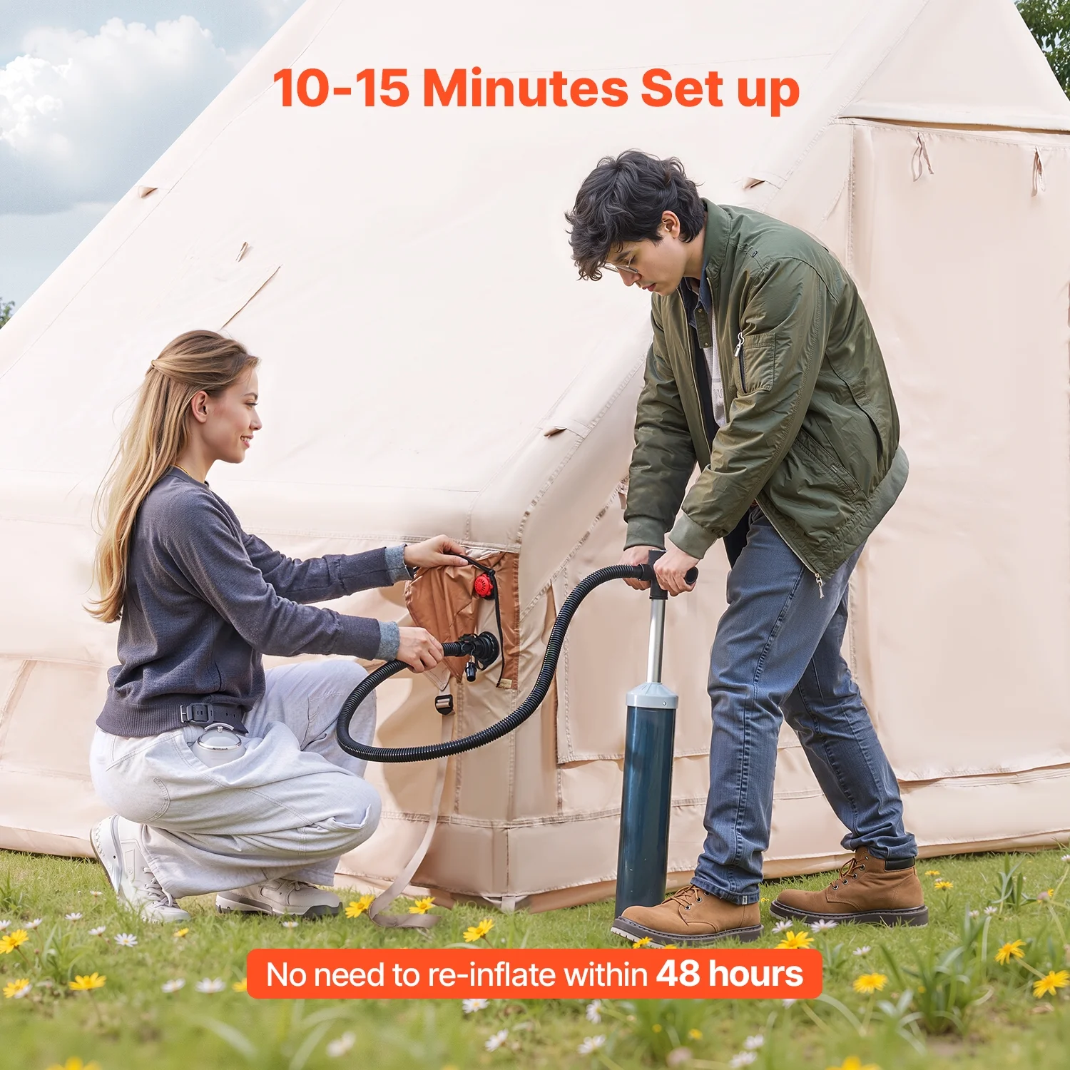 KFFKFF Inflatable Camping Tent for 3-5 Person, 9.84 x 6.56 x 6.56 Ft 300D Oxford Fabric Glamping Blow up Tent with Hand Pump, Waterproof Air Tent with Stove Jack