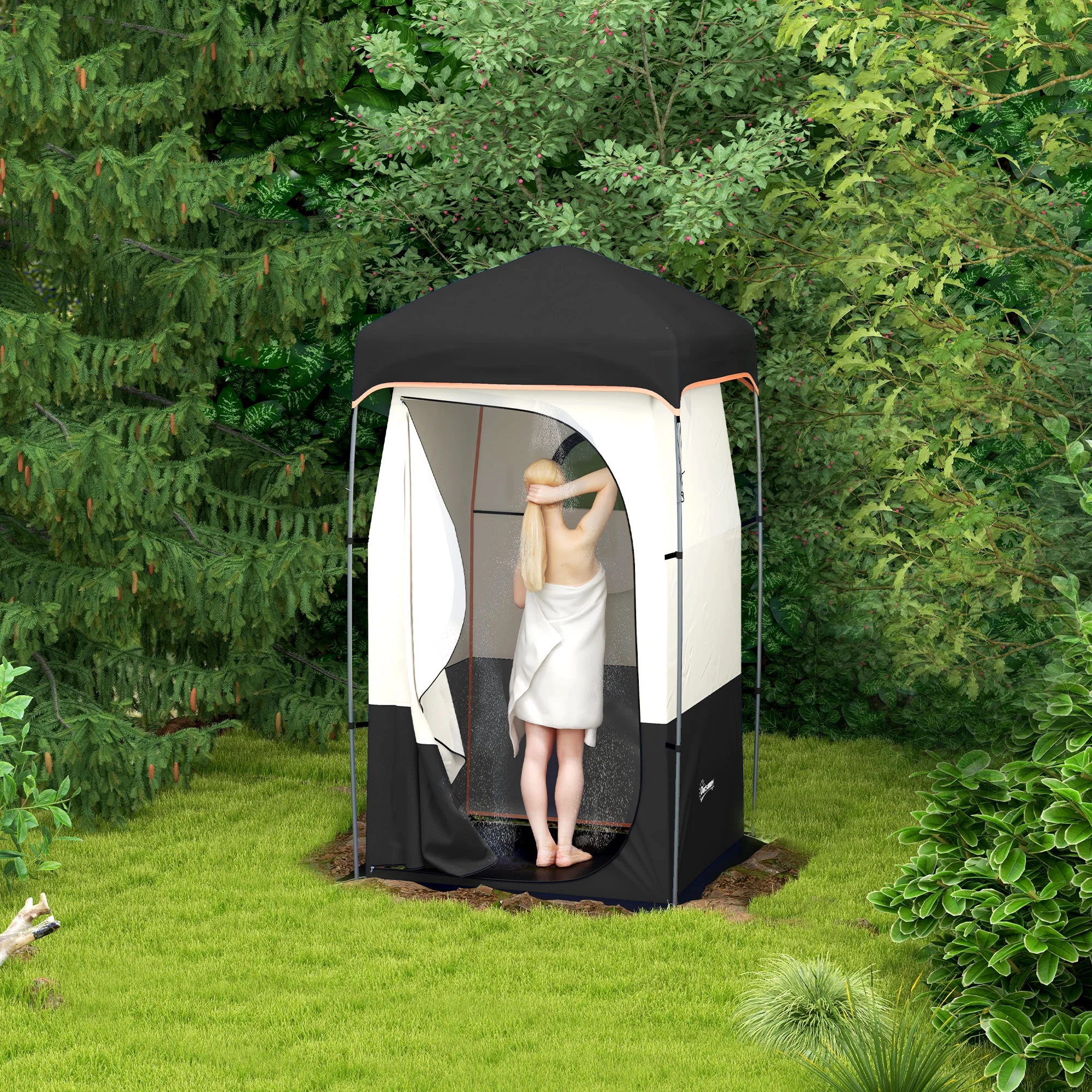 E-Western Outsunny Portable Shower Tent with Solar Shower Bag, Privacy Shelter, Camping Dressing Room, Includes Floor & Carrying Bag, Black, 28.7" x 6.7" x 6.7"