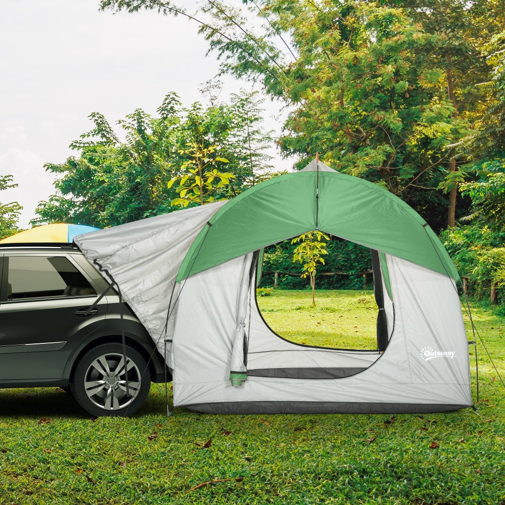 Outsunny SUV Tent, 2000mm Waterproof Truck Tent with 3 Doors and Mesh Window, for 5-6 Person Camping Outdoor Travel, 7.5′ L x 6.9′ W x 6.9′ H, Gray and Green