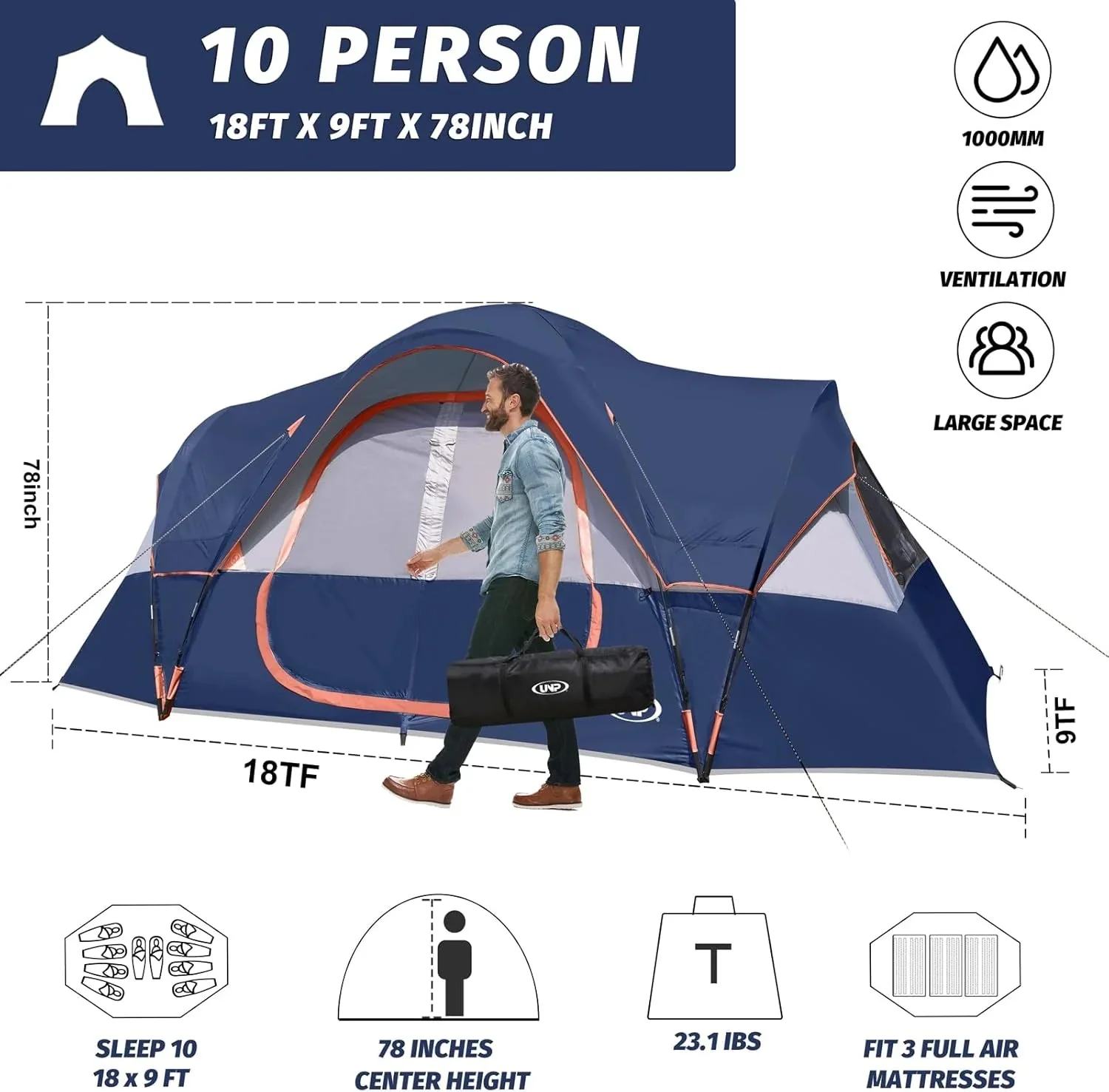 UNP Camping Tent 10-Person-Family Tents, Parties, Music Festival Tent, Big, Easy Up, 5 Large Mesh Windows, Double Layer, 2 Room, Waterproof, Weather Resistant, 18ft x 9ft x78in