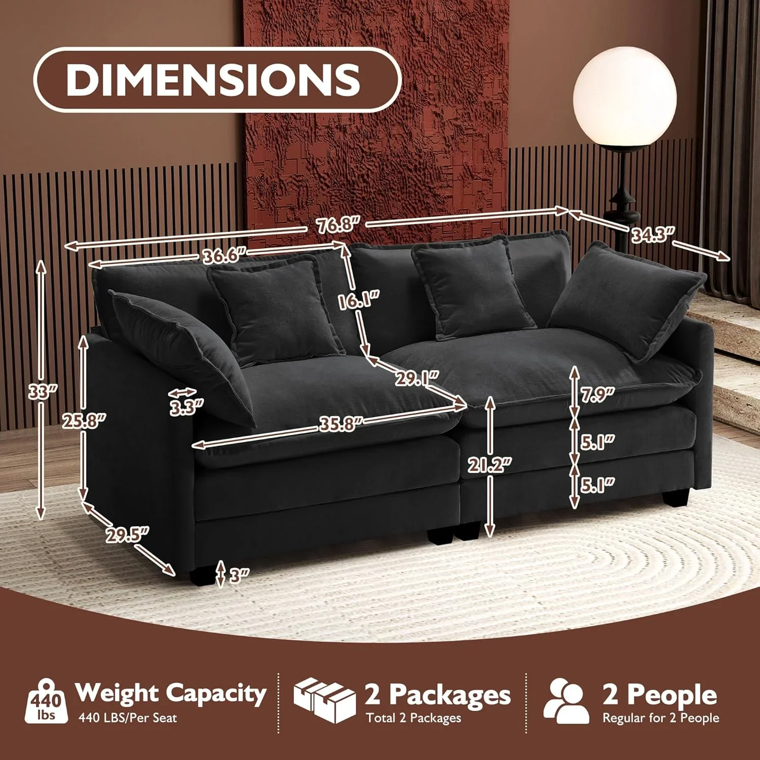 Ihanherry 146" U-Shaped Modern Sofa Modular Sectional Cloud Couch with 2 Ottoman, 6-Seat Chenille Deep Seat Sofa with 6 Pillows for Living Room, Bedroom and Apartment, Grey