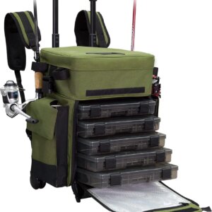 Elkton Outdoors Rolling Tackle Box with Wheels - Waterproof Rolling Fishing Backpack, 5 Removable Tackle Trays, 4 Rod Holders, Fishing Gifts for Men, Fish Tackle Bag, Roller Tackle Box