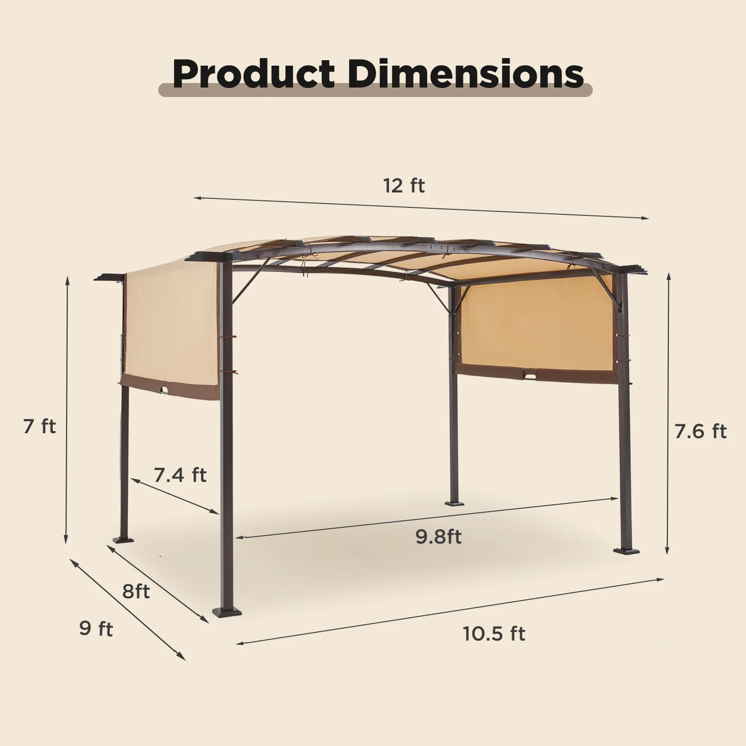 AECOJOY 12X 9Outdoor Retractable Steel Pergola Canopy with Adjustable Shade-Beige