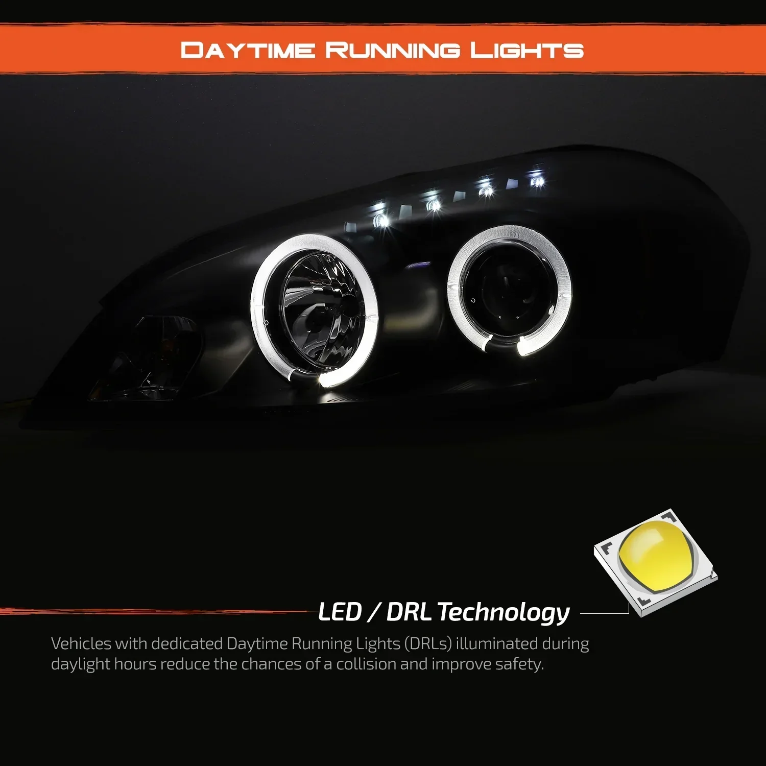 AKKON Dual Halo DRL Projector LED Headlight And LED Tail Lamp Set, Black Housing - 2006-2013 Chevy Impala, 2014-2016 Limited