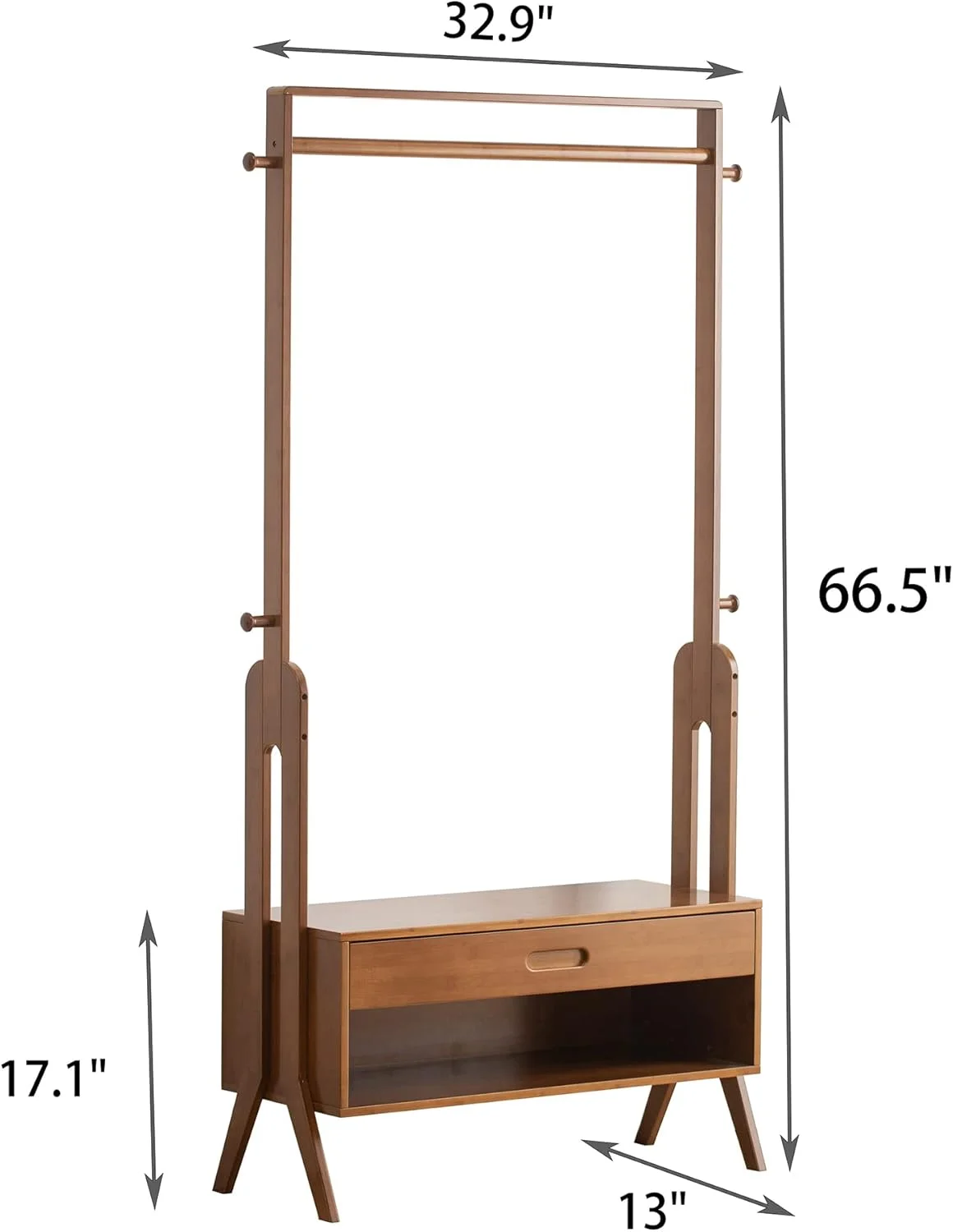 WILK Freestanding Wooden Coat Rack, Bamboo Wood Coat Rack with Seat, Storage Drawer and Hooks, Tree Freestanding for Hanging Coats, Jackets, Hats, Bags, Umbrellas, Brown (32.9(L) x 13(W) x 66.5(H))