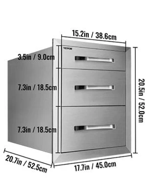 Outdoor Kitchen Drawers 18" W x 20.5" H x 20.5" D, Flush Mount Triple Access BBQ Drawers with Stainless Steel Handle, BBQ Island Drawers for Outdoor Kitchens or BBQ Island Patio Grill Station