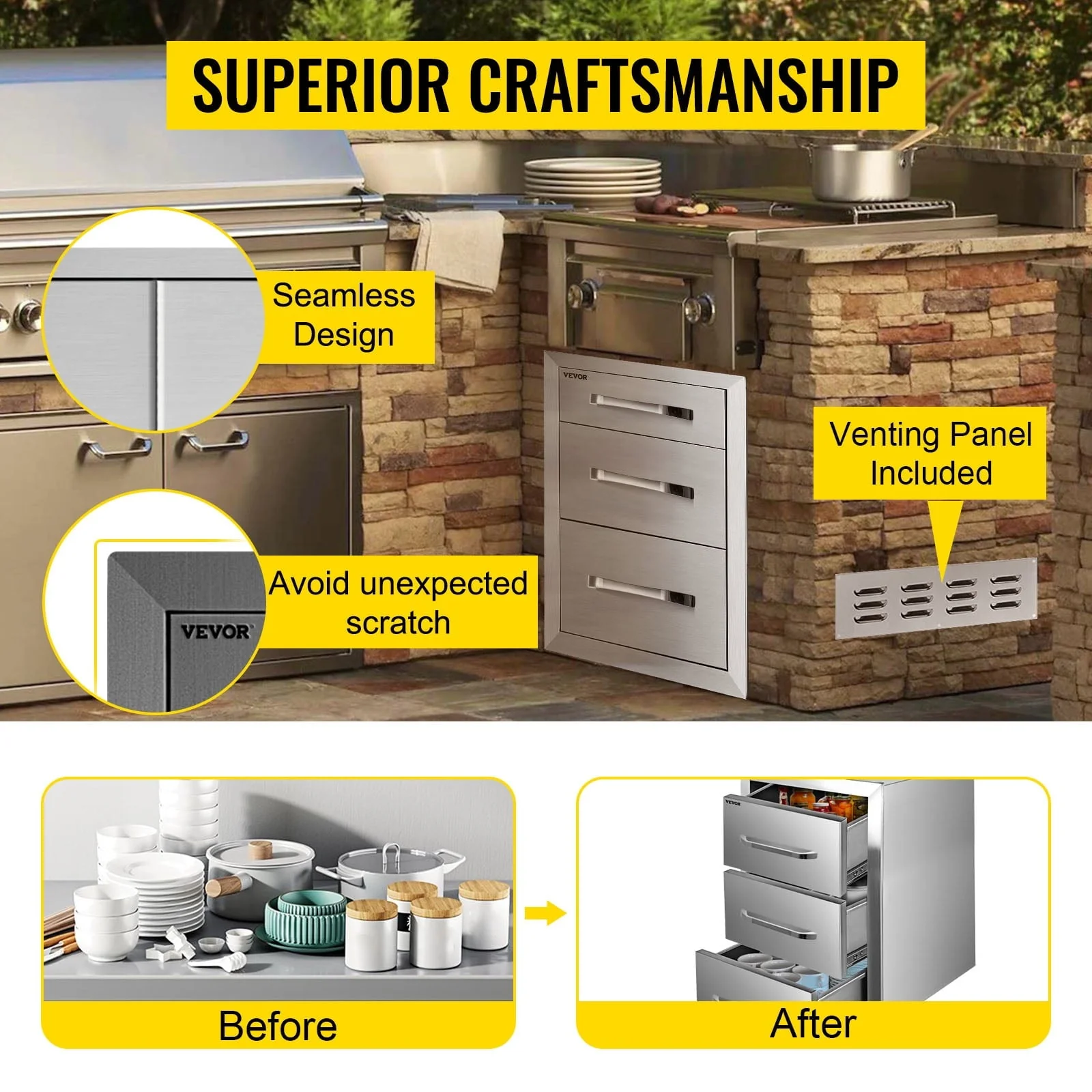 Outdoor Kitchen Drawers 18" W x 20.5" H x 20.5" D, Flush Mount Triple Access BBQ Drawers with Stainless Steel Handle, BBQ Island Drawers for Outdoor Kitchens or BBQ Island Patio Grill Station